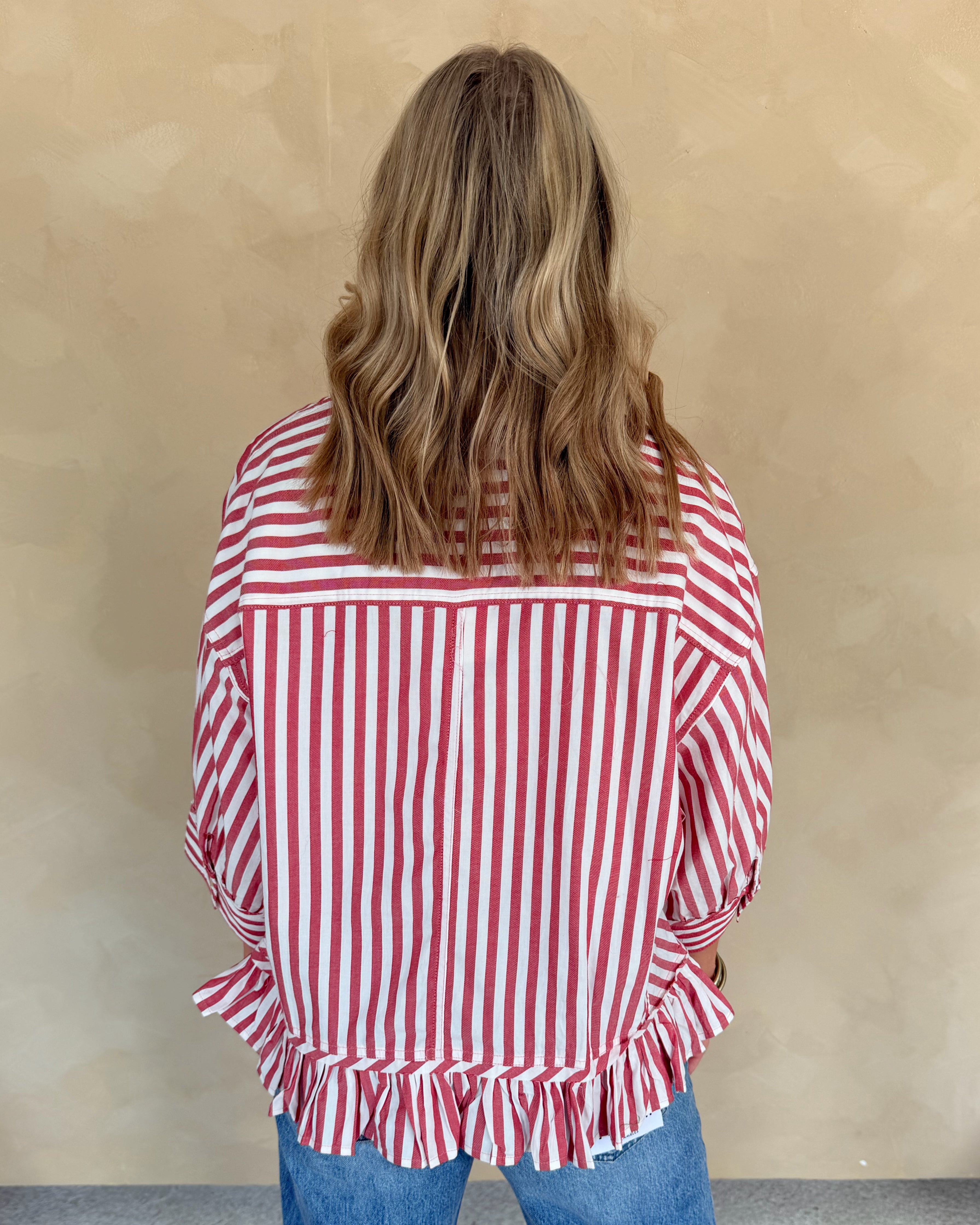 Woven Striped Button Down Peplum