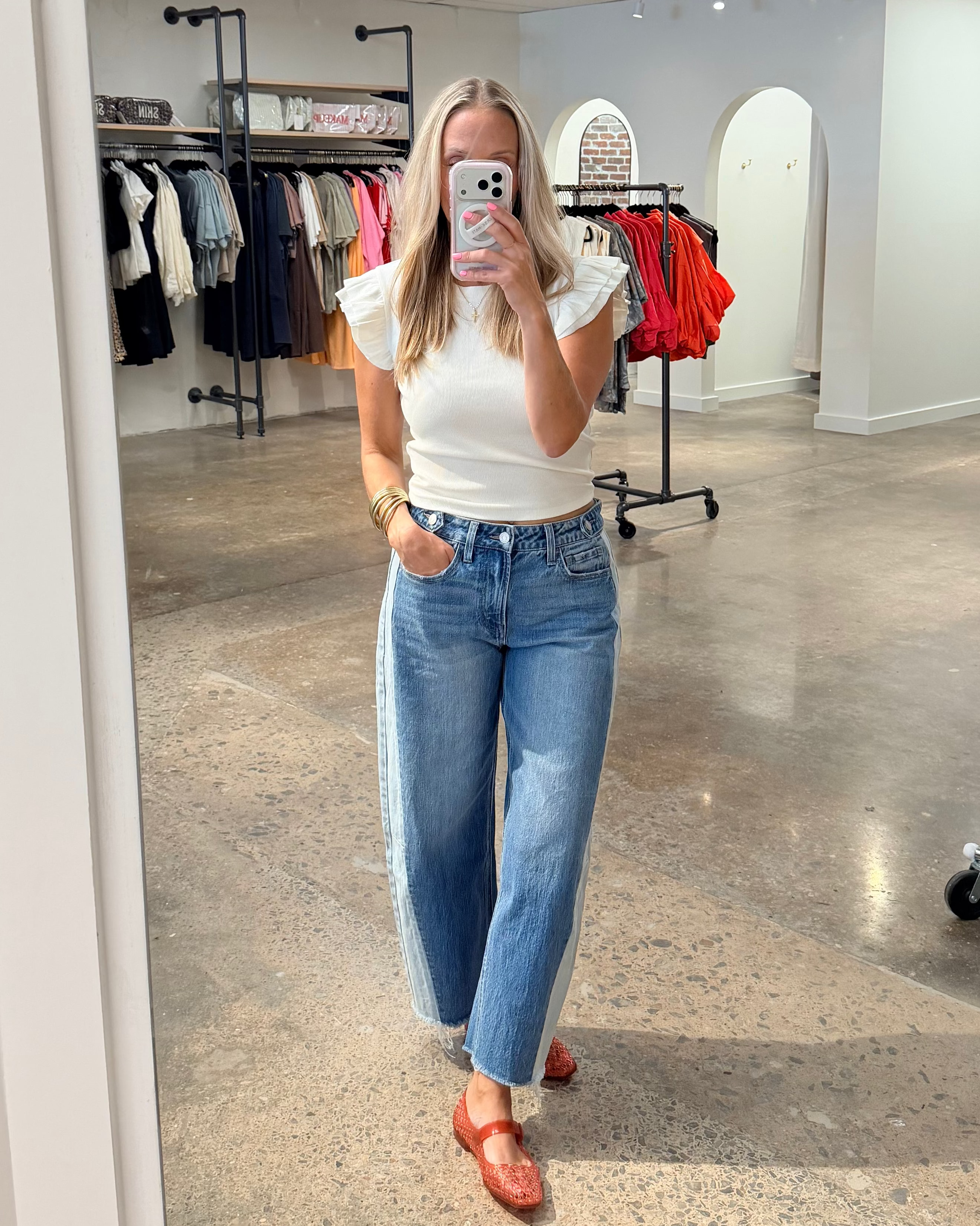 Two Tone High Rise Barrel Jean