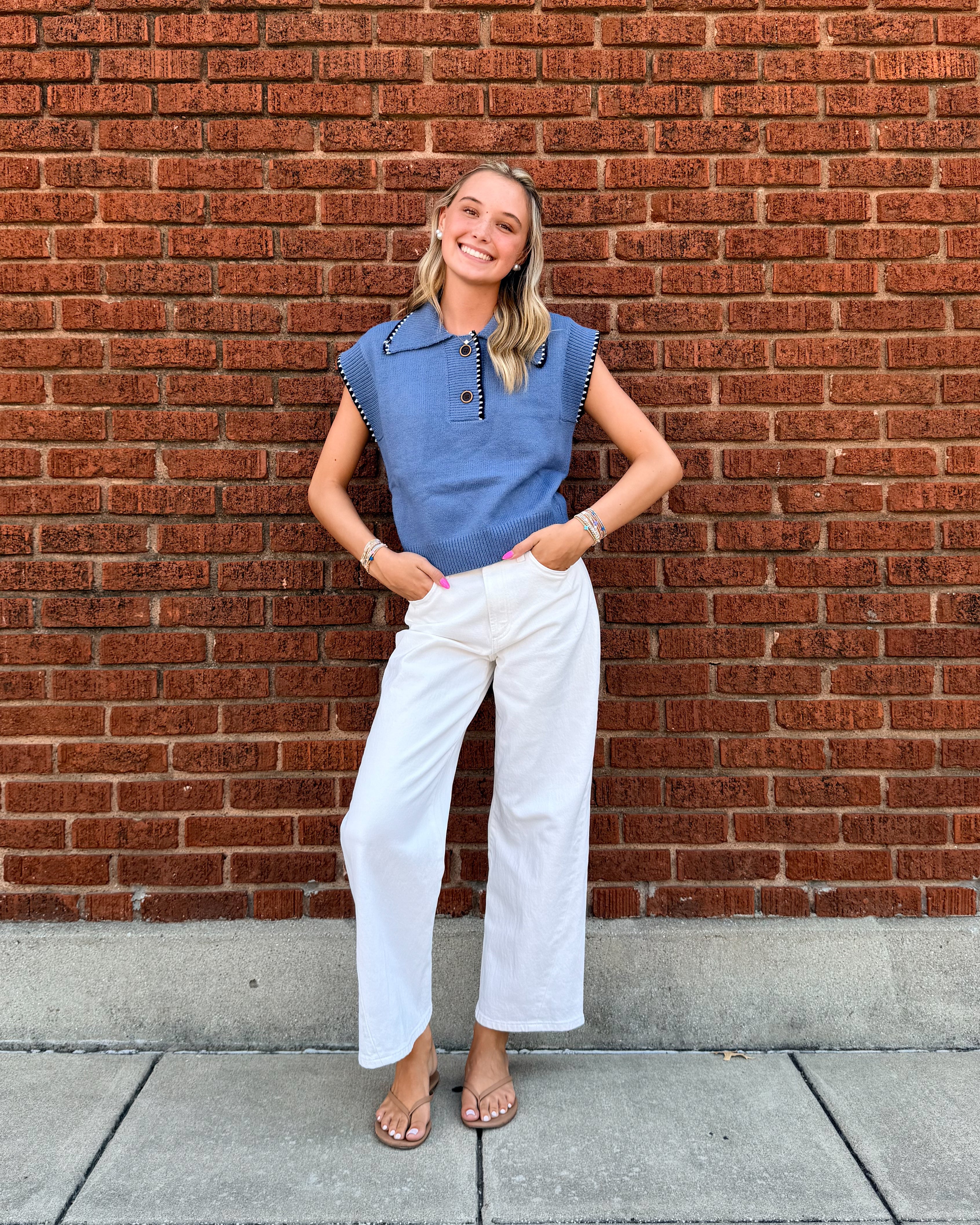 Contrast Stitch Polo Knit Top