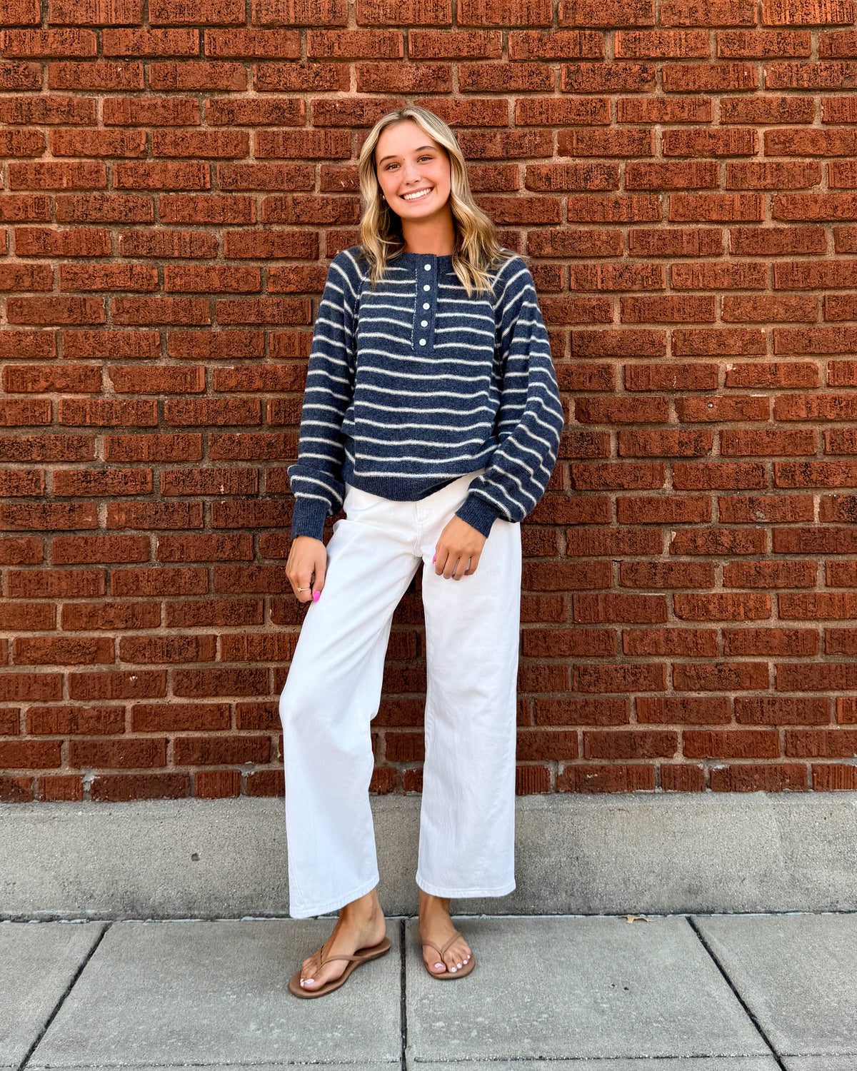 Button-Placket Stripe Knit Pullover