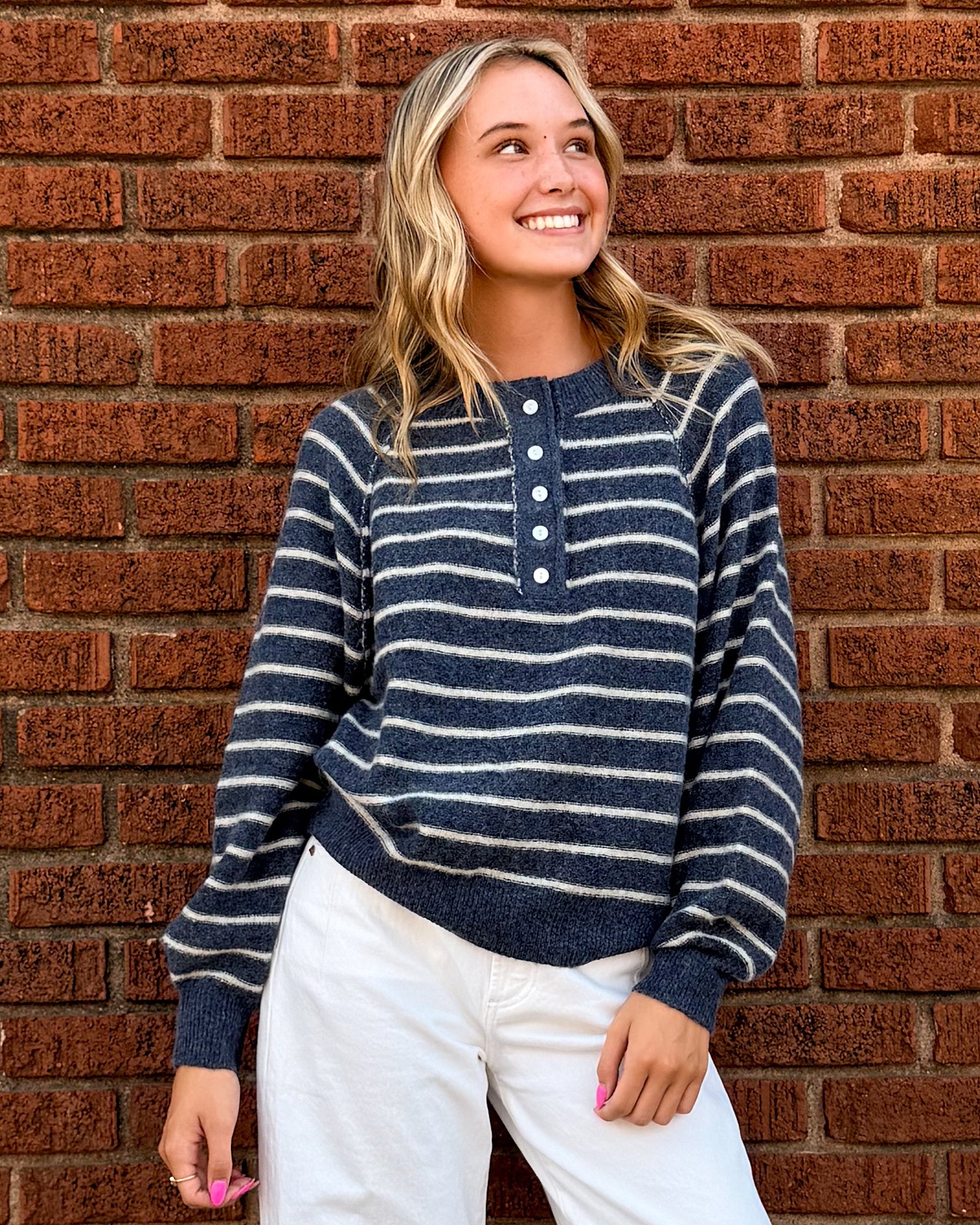 Button-Placket Stripe Knit Pullover