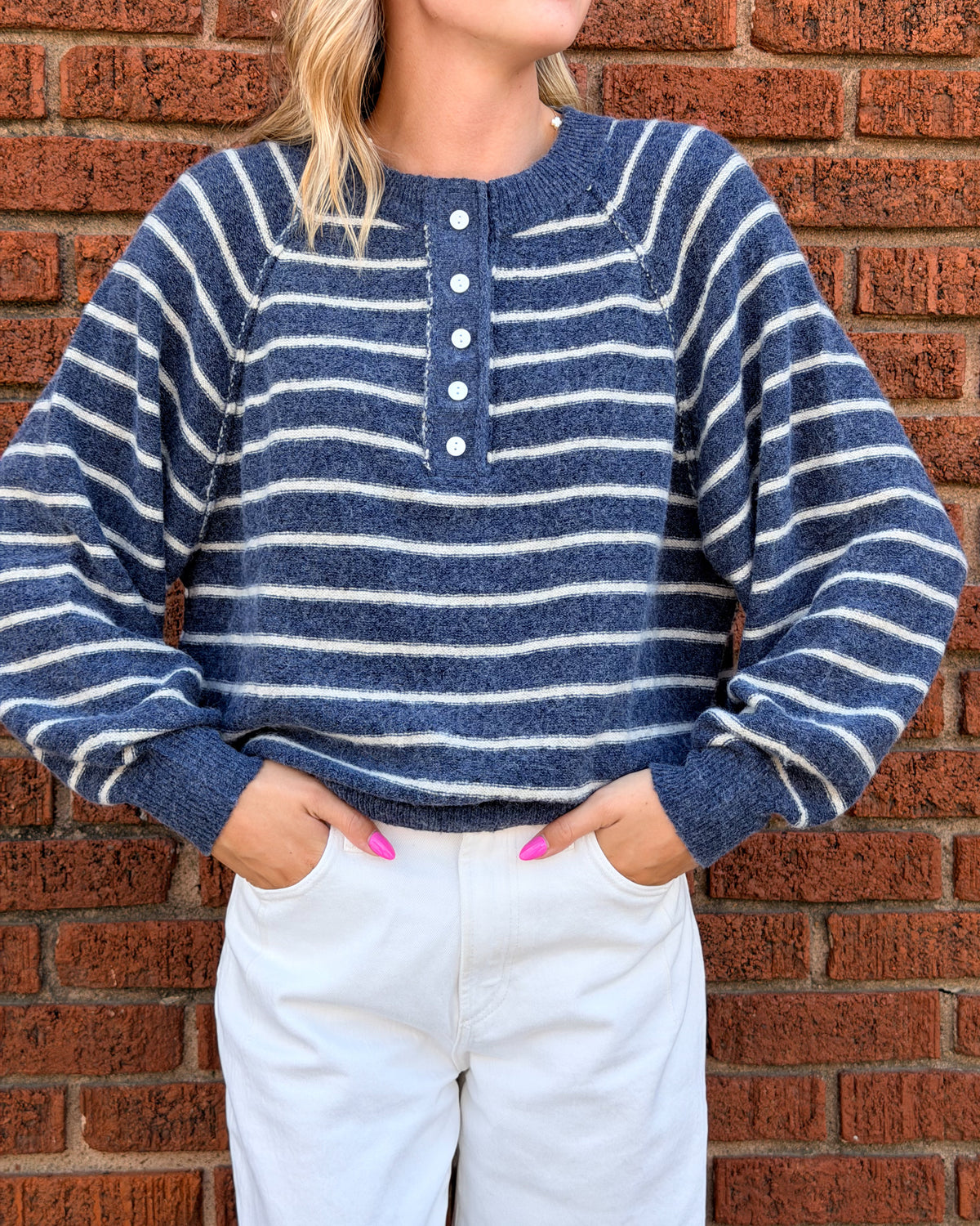 Button-Placket Stripe Knit Pullover