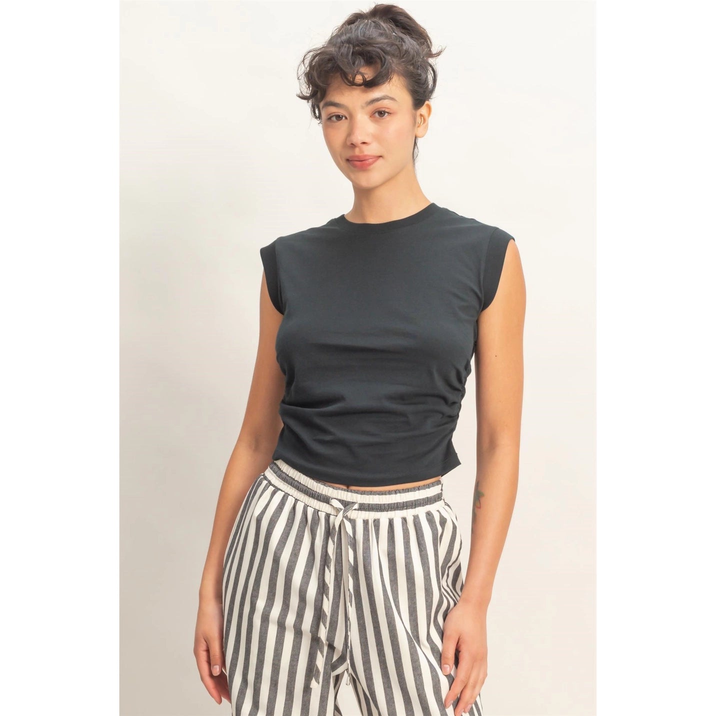 Ruched Waist Sleeveless Cotton Top