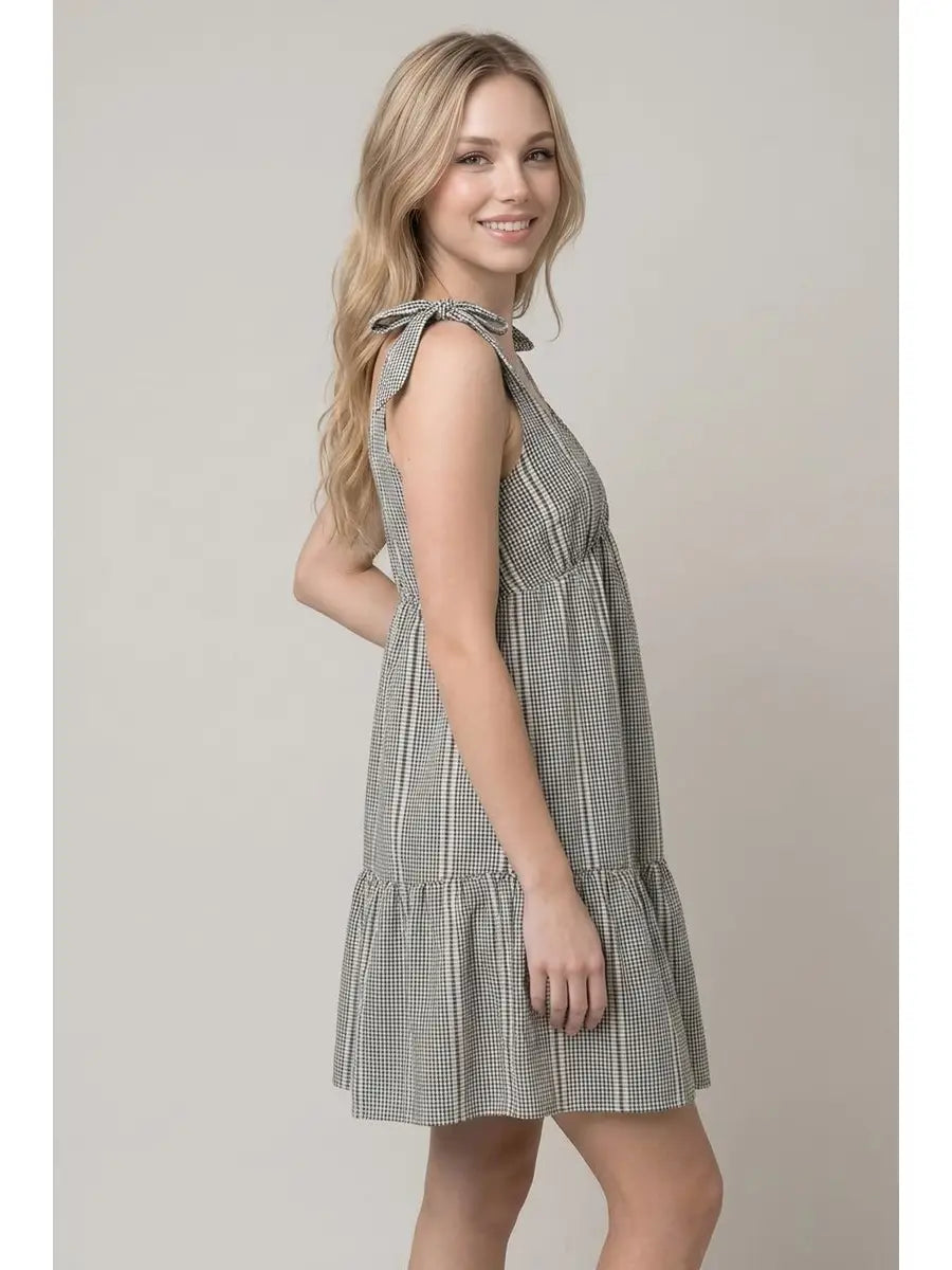 Jacquard Gingham Tie Shoulder Mini Dress