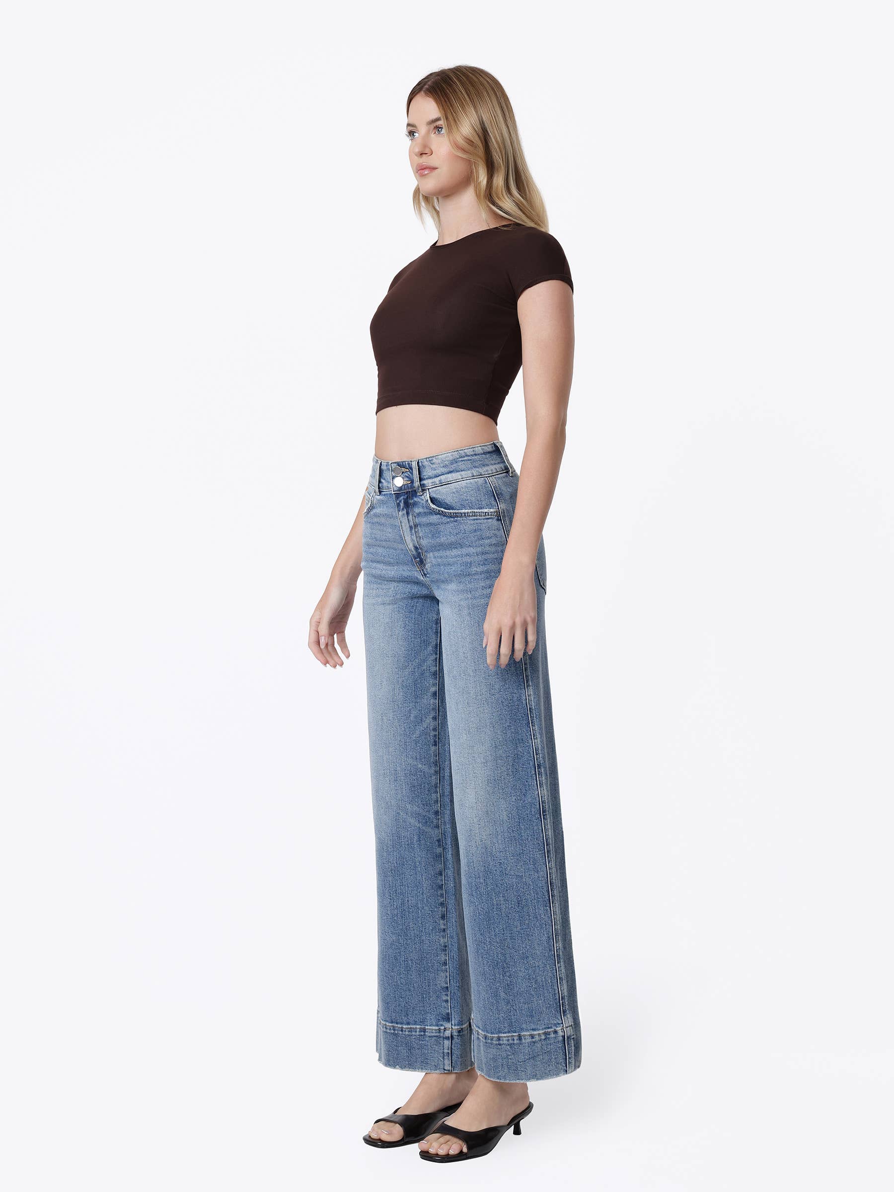 SUPER HIGH RISE HALF YOKE TROUSER HEM WIDE JEANS F9095