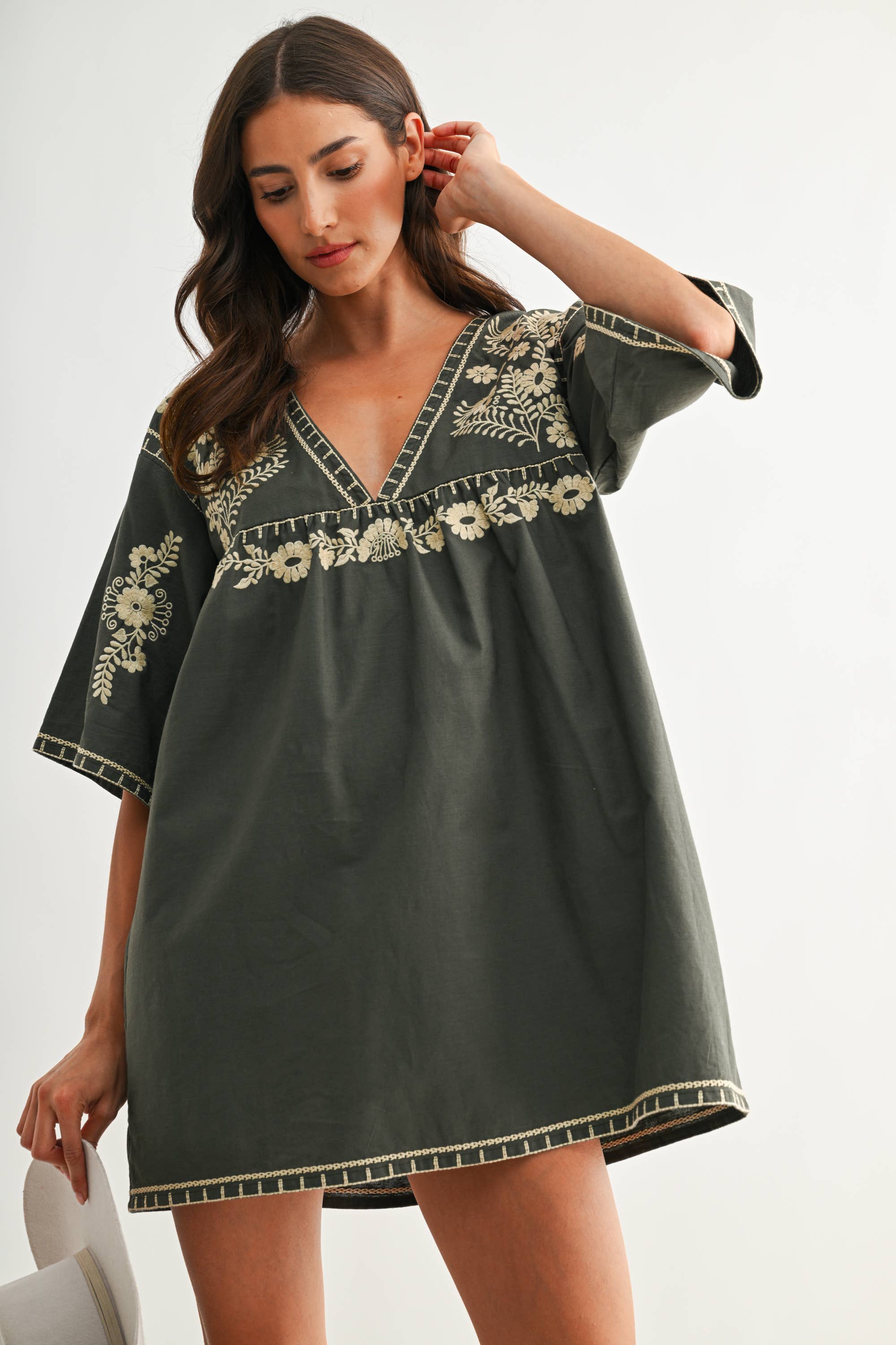 CED26811 Embroidered Shift Dress with Deep V-Neckline