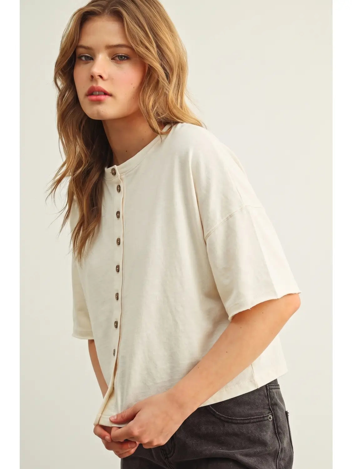 Round Neck Button Down Half Sleeve Top