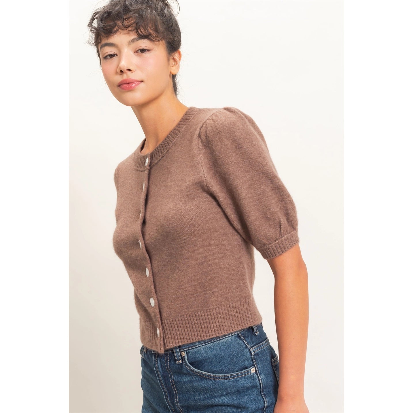 Button Front Puff Short Sleeve Cardigan