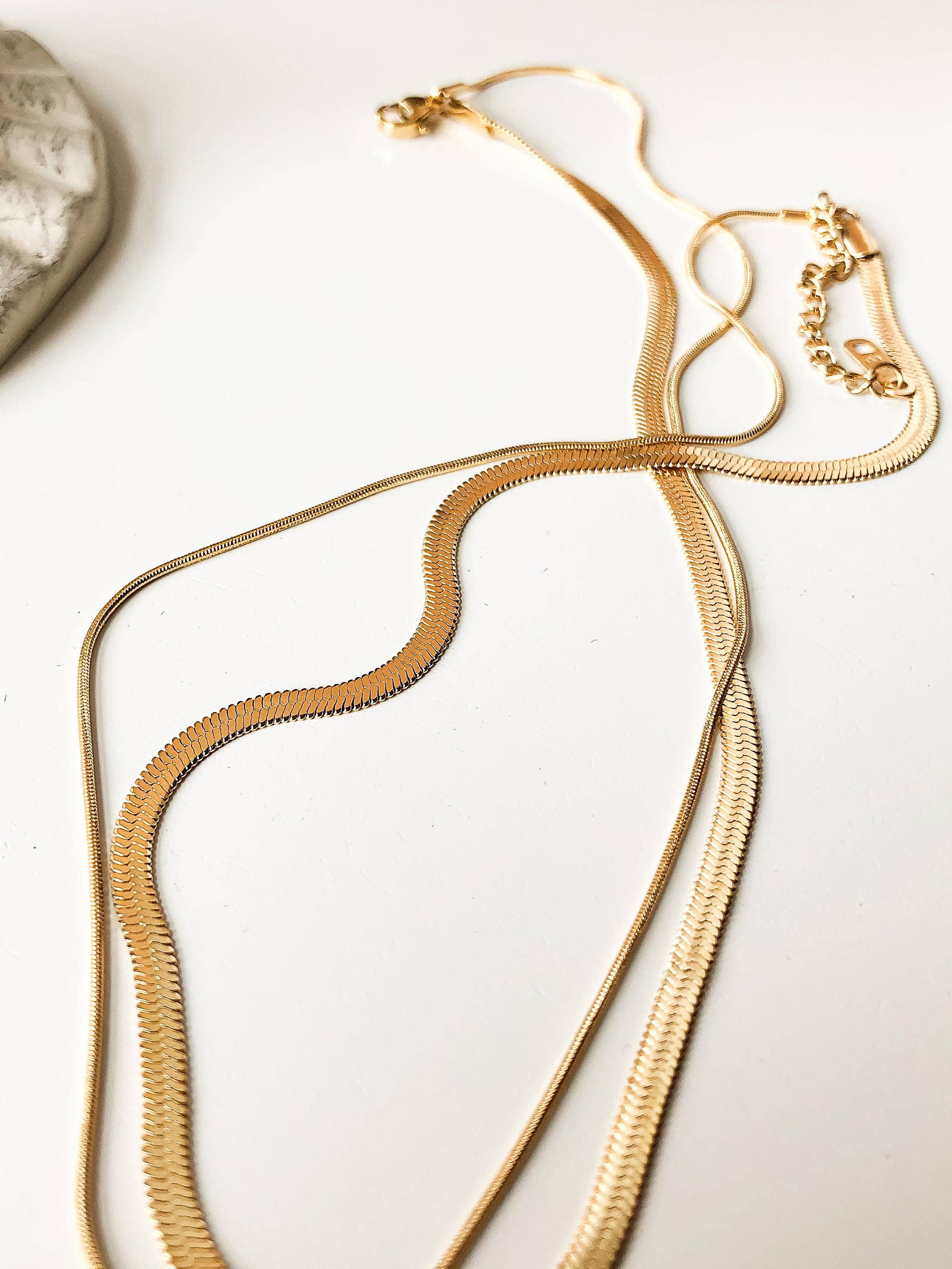 Jean 18K Gold Non-Tarnish Layered Flat Snake Chain Necklace