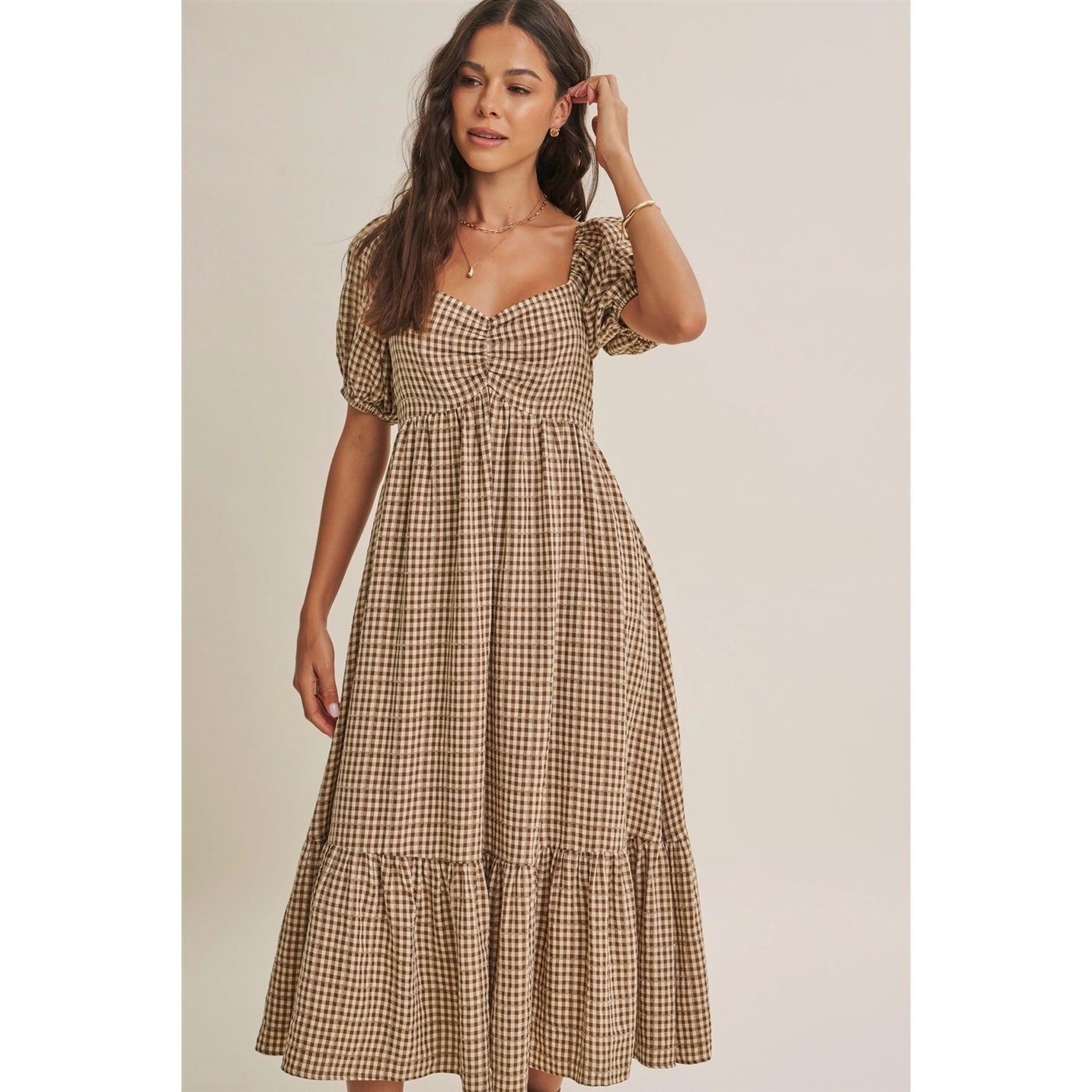 Plaid Smocked Midi with Puff Sleeve