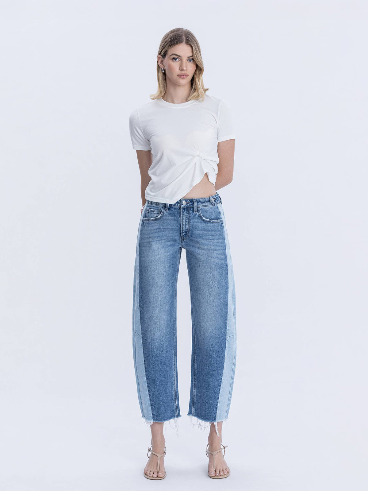 Two Tone High Rise Barrel Jean