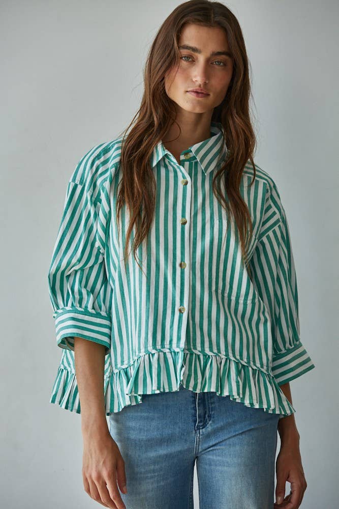 Woven Striped Button Down Peplum