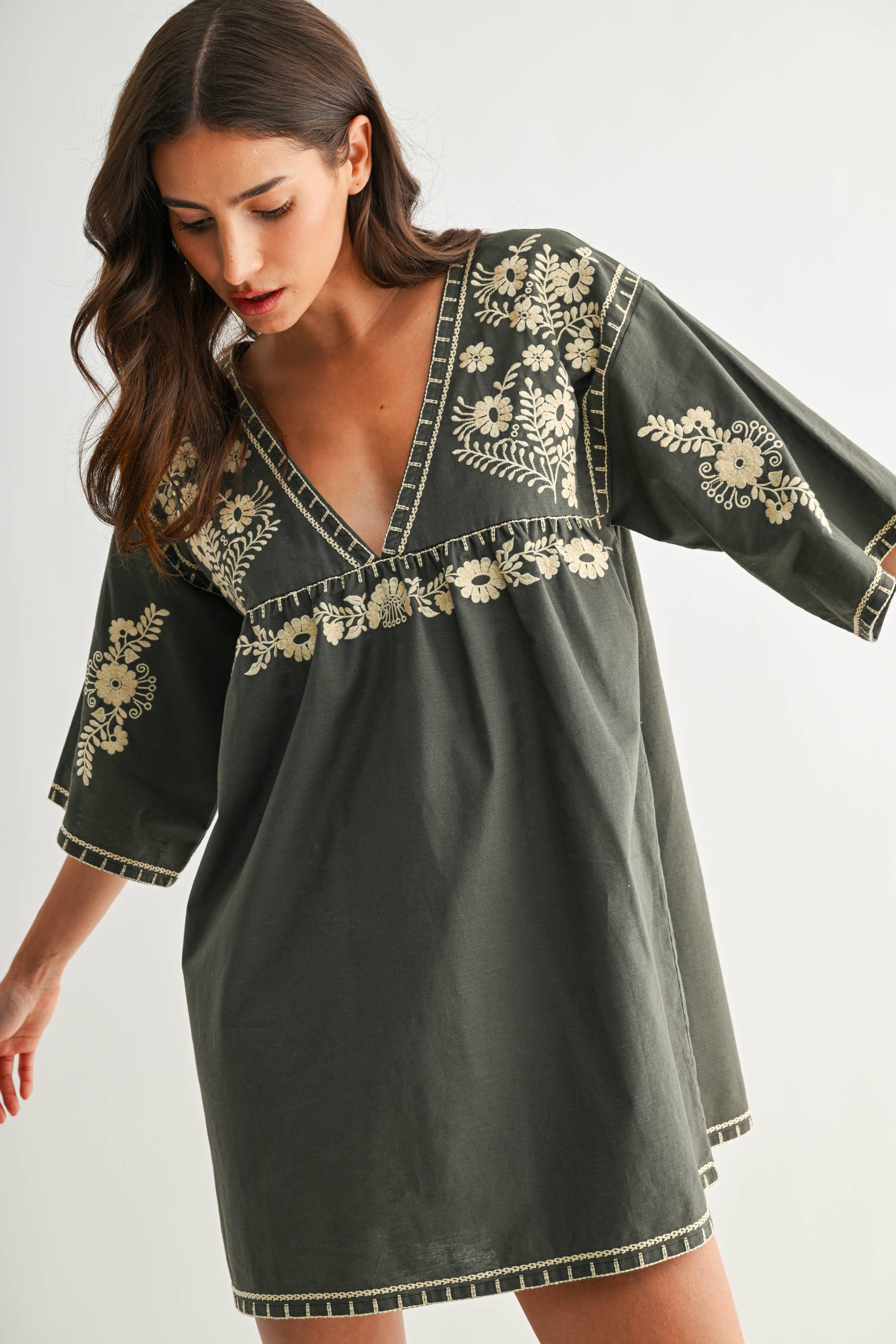 CED26811 Embroidered Shift Dress with Deep V-Neckline