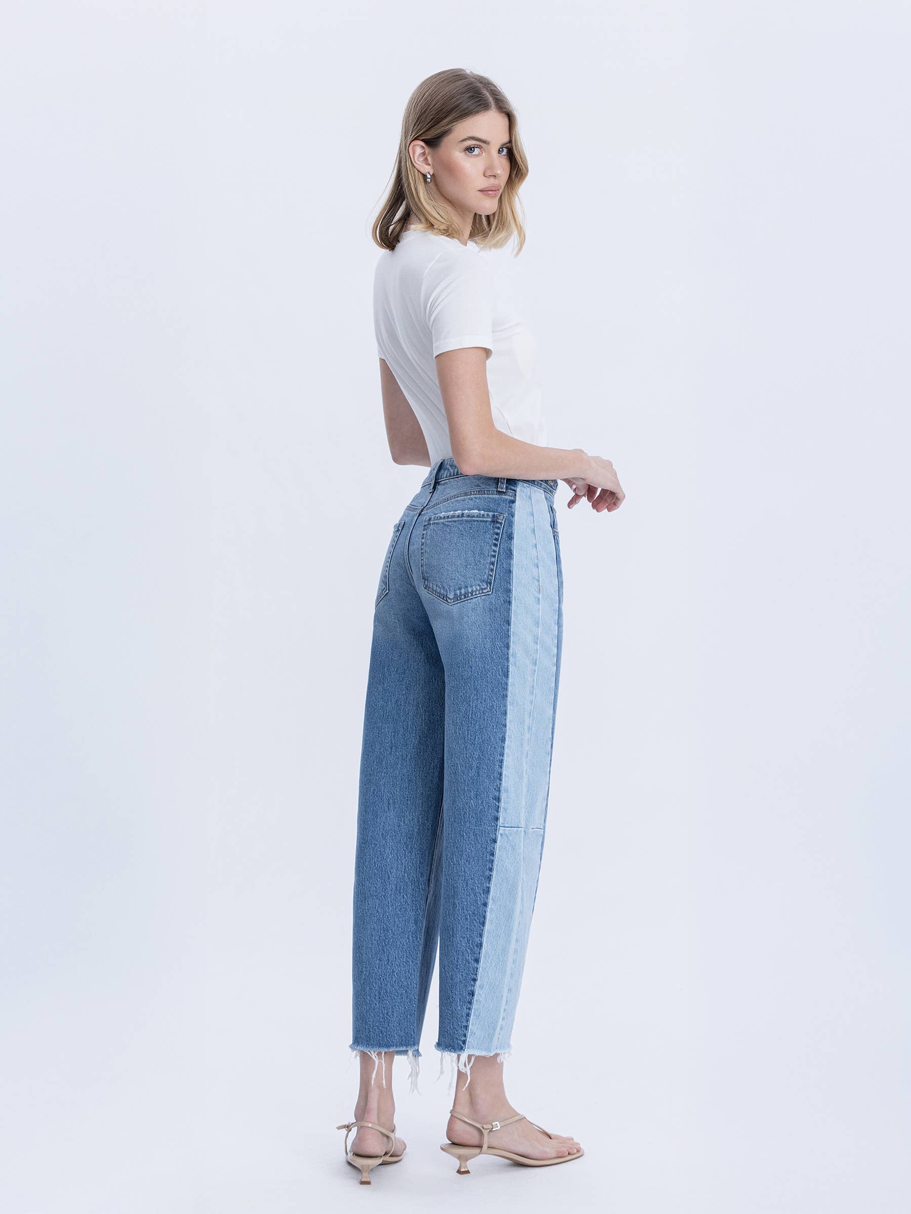 Two Tone High Rise Barrel Jean