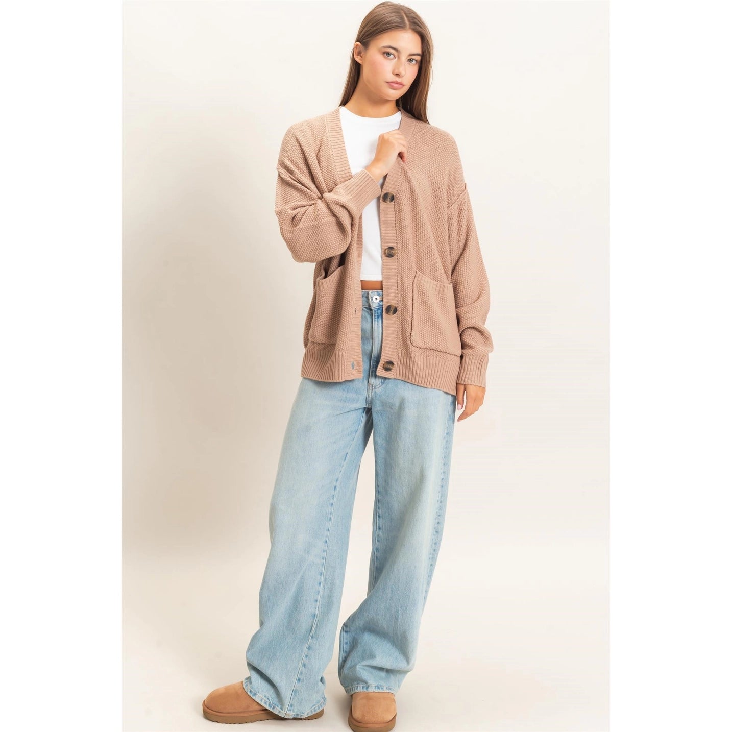 Textured Oversized Knit Buttoned Cardigan