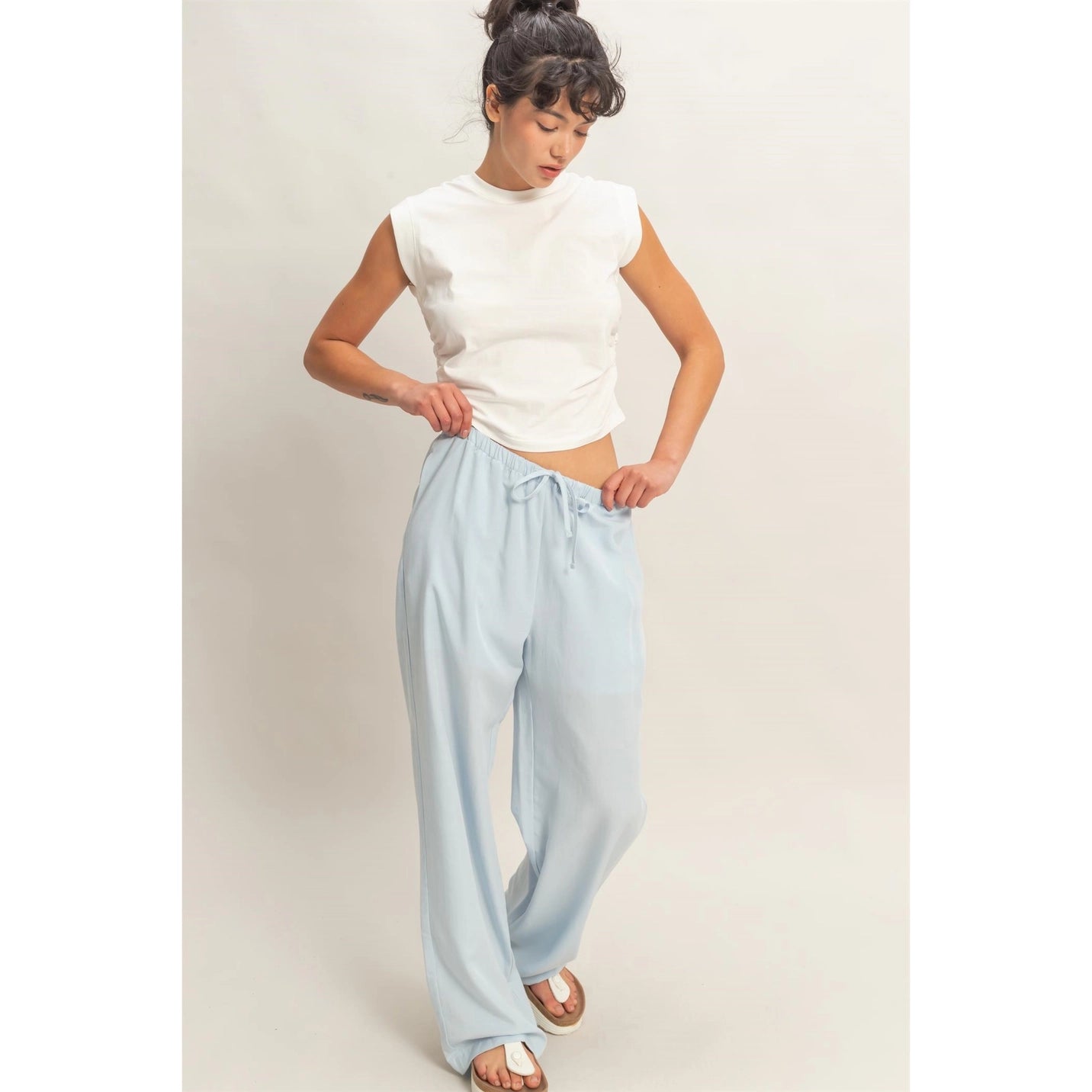 Ruched Waist Sleeveless Cotton Top
