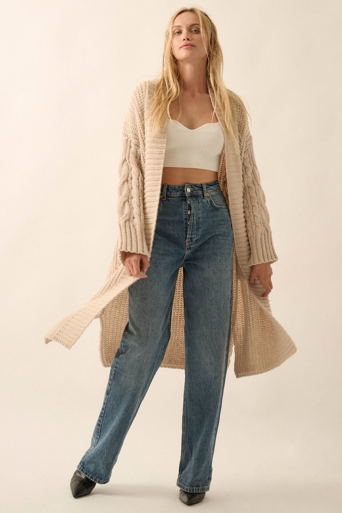 Solid Rib Knit Open Front Cable Knit Cardigan