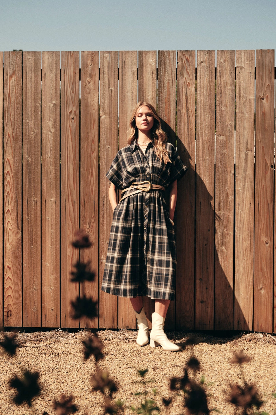 Pin-Tucked Waist Plaid Midi Dress