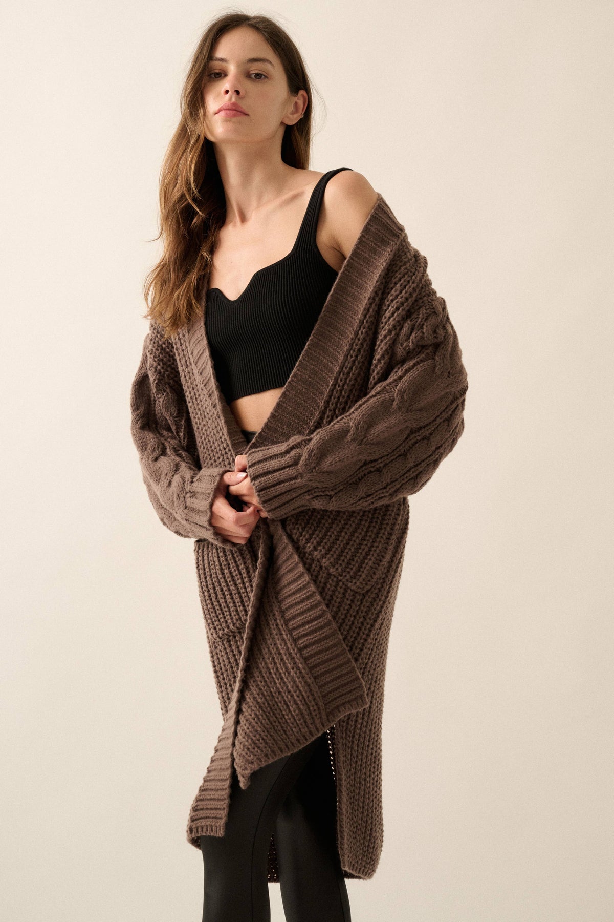 Solid Rib Knit Open Front Cable Knit Cardigan