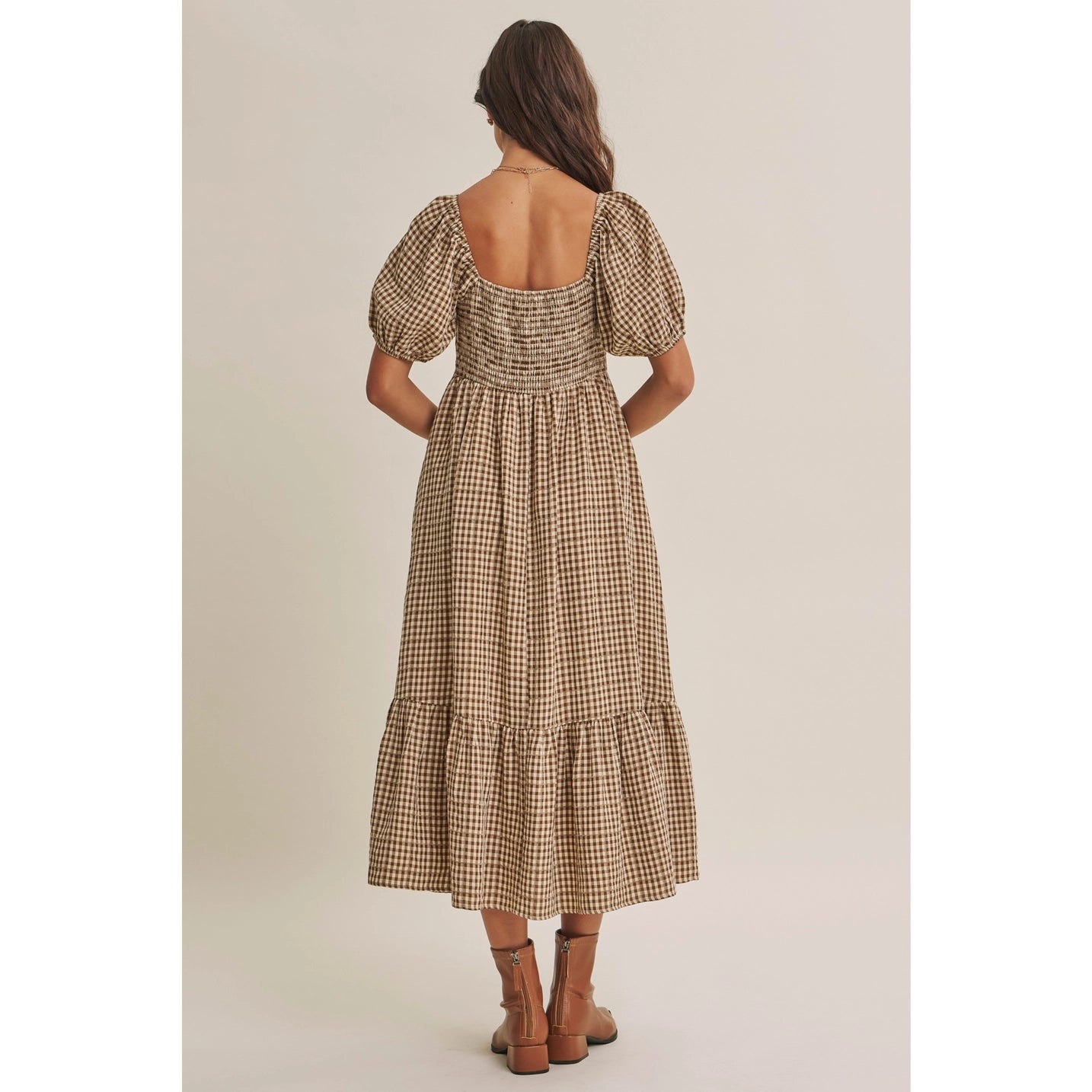 Plaid Smocked Midi with Puff Sleeve
