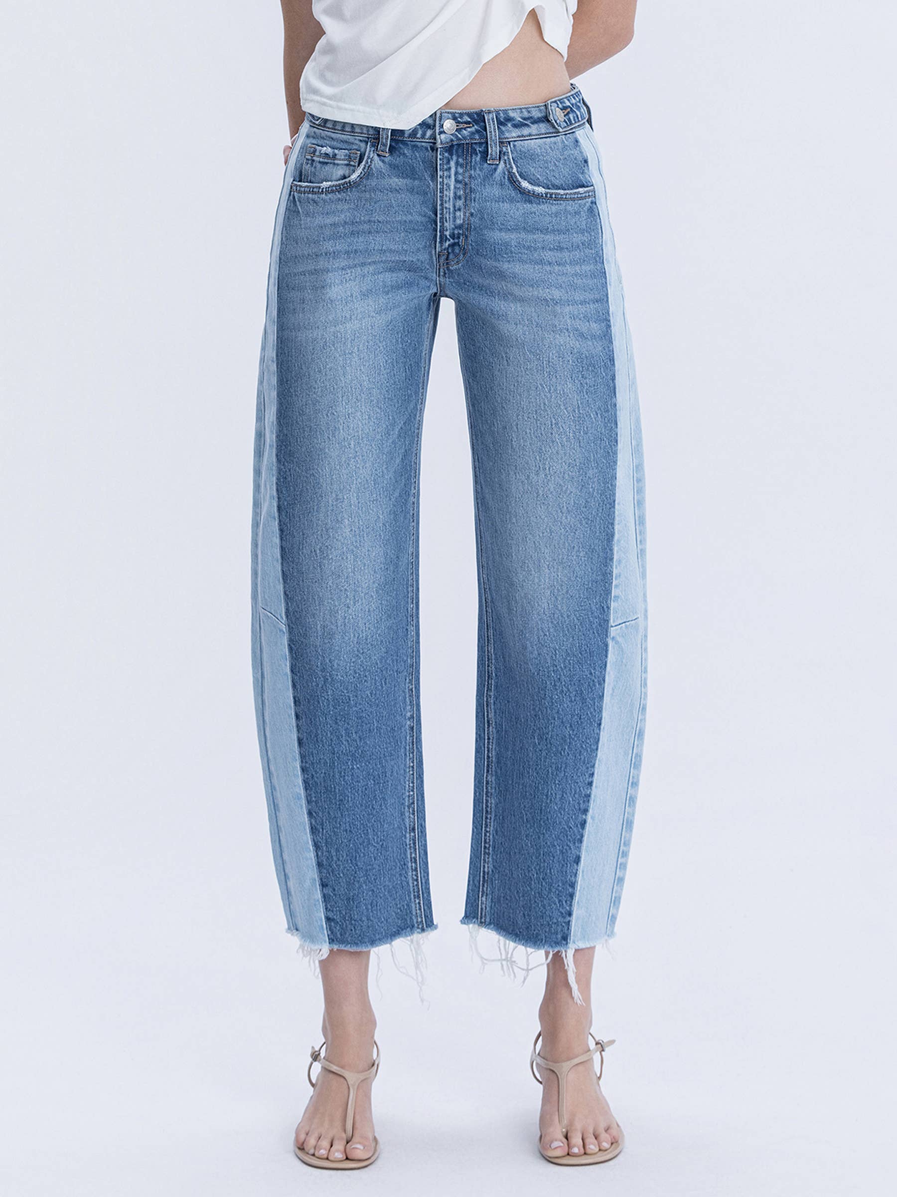 Two Tone High Rise Barrel Jean