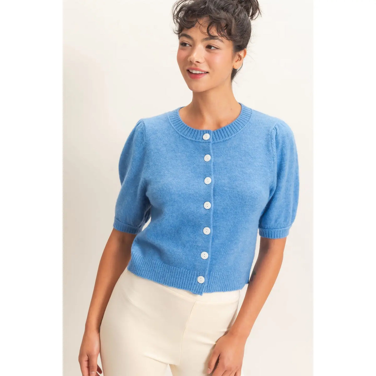 Button Front Puff Short Sleeve Cardigan