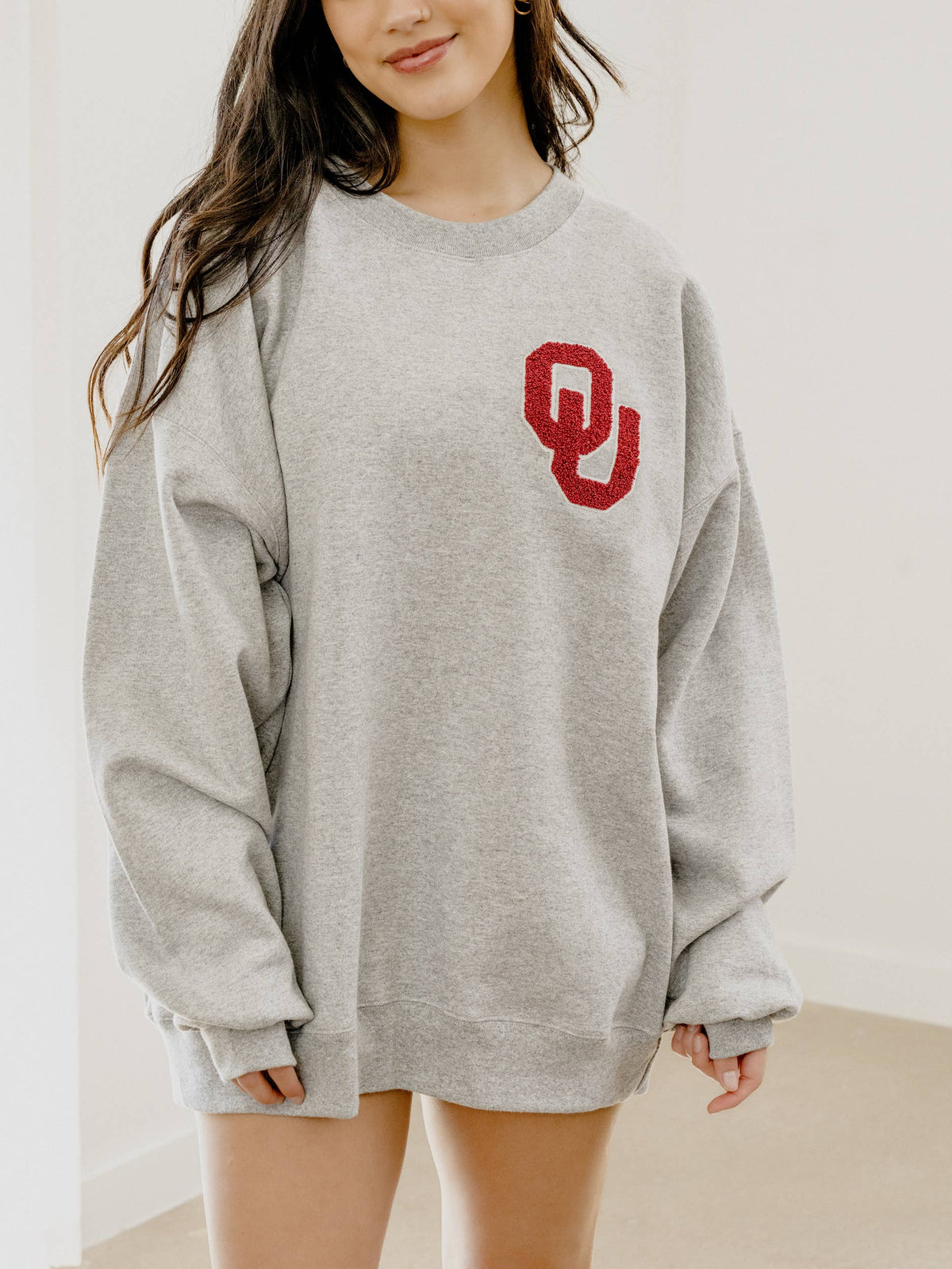 OU Oklahoma Sooners Chenille Patch Ash Gray Sweatshirt