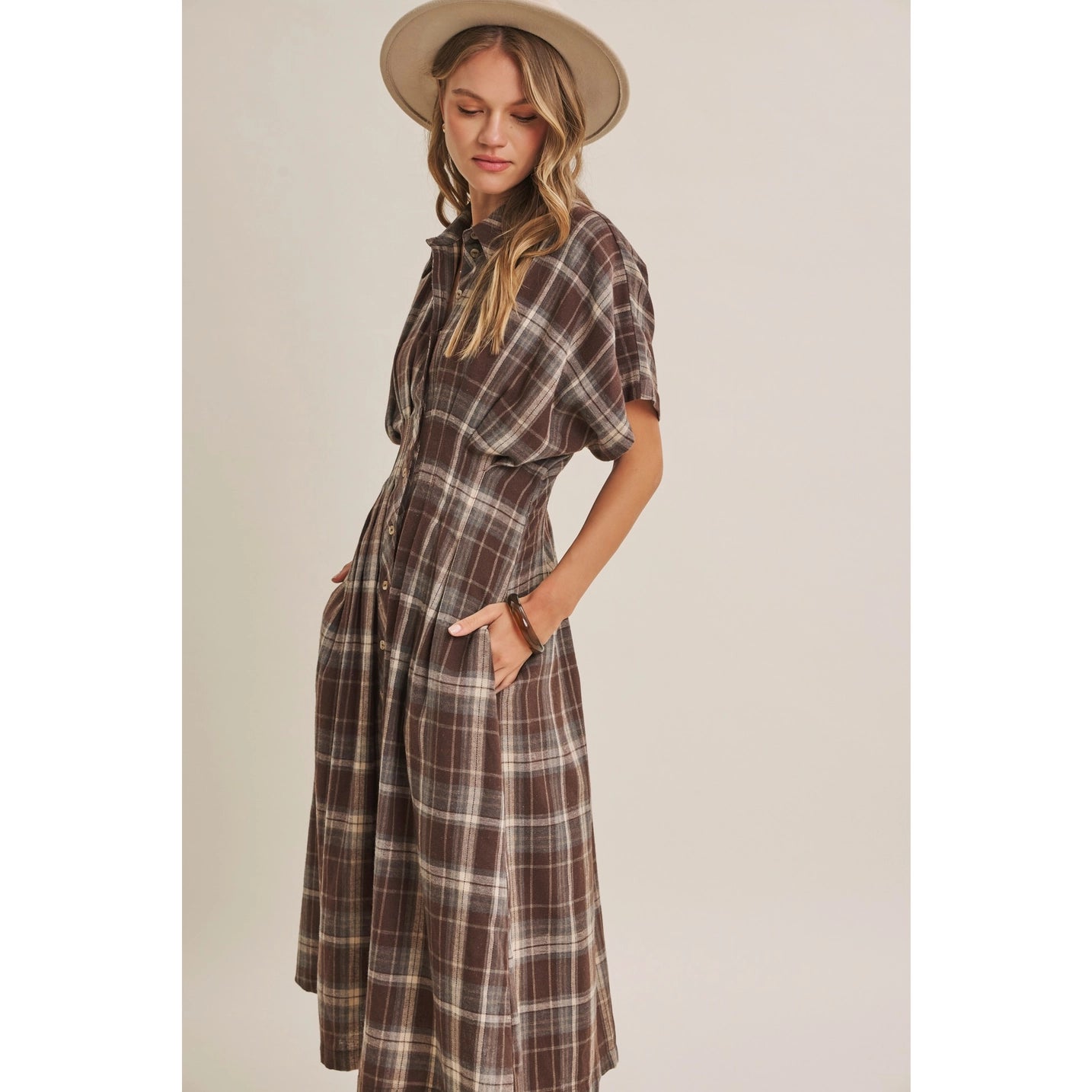 Pin-Tucked Waist Plaid Midi Dress