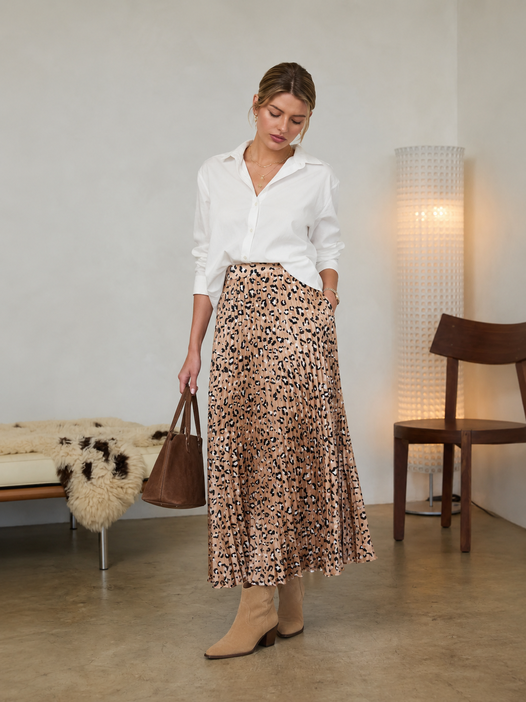 Leopard Print Pleated Maxi