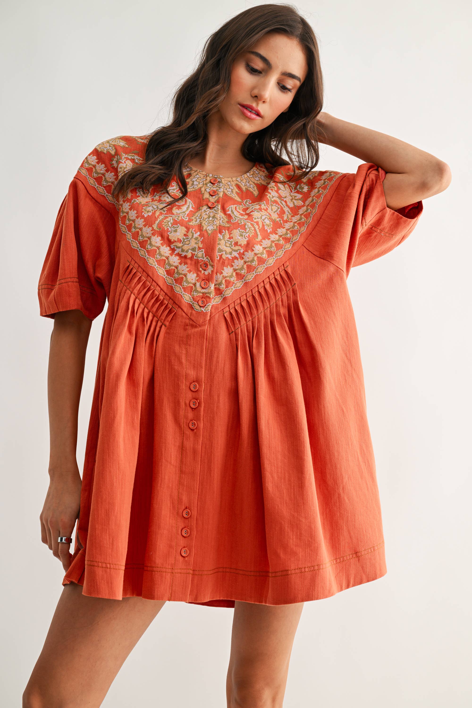 CJD26988 Embroidered Linen Tunic Dress