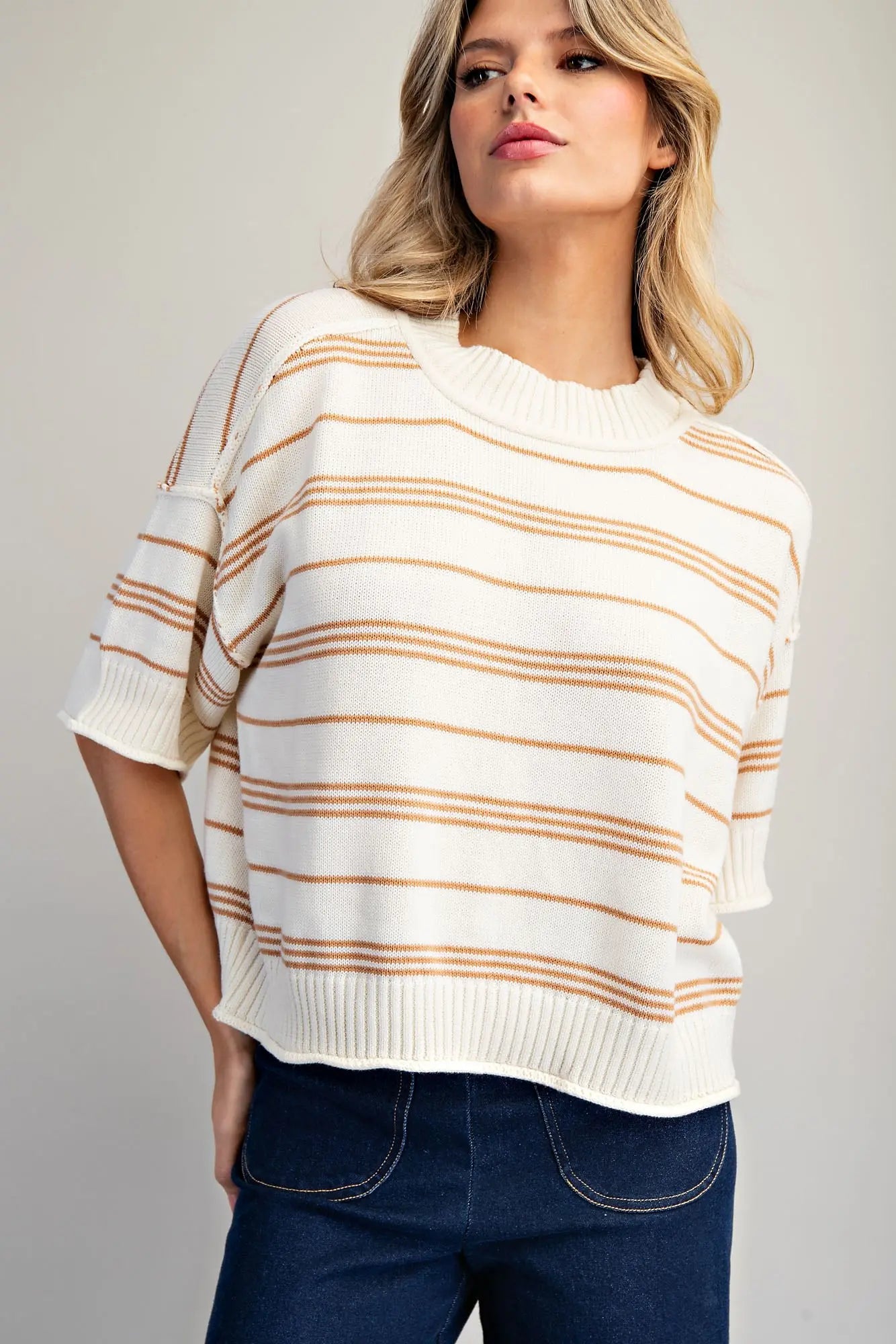 Striped Short Sleeve Ribbed Sweater