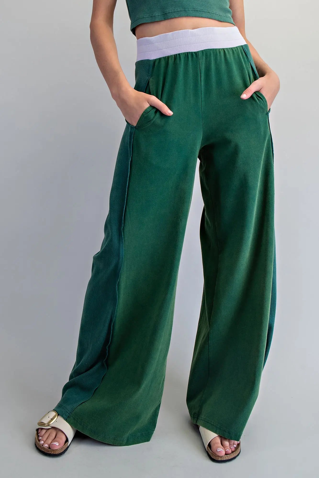 Contrast Waist Wide Leg Pants