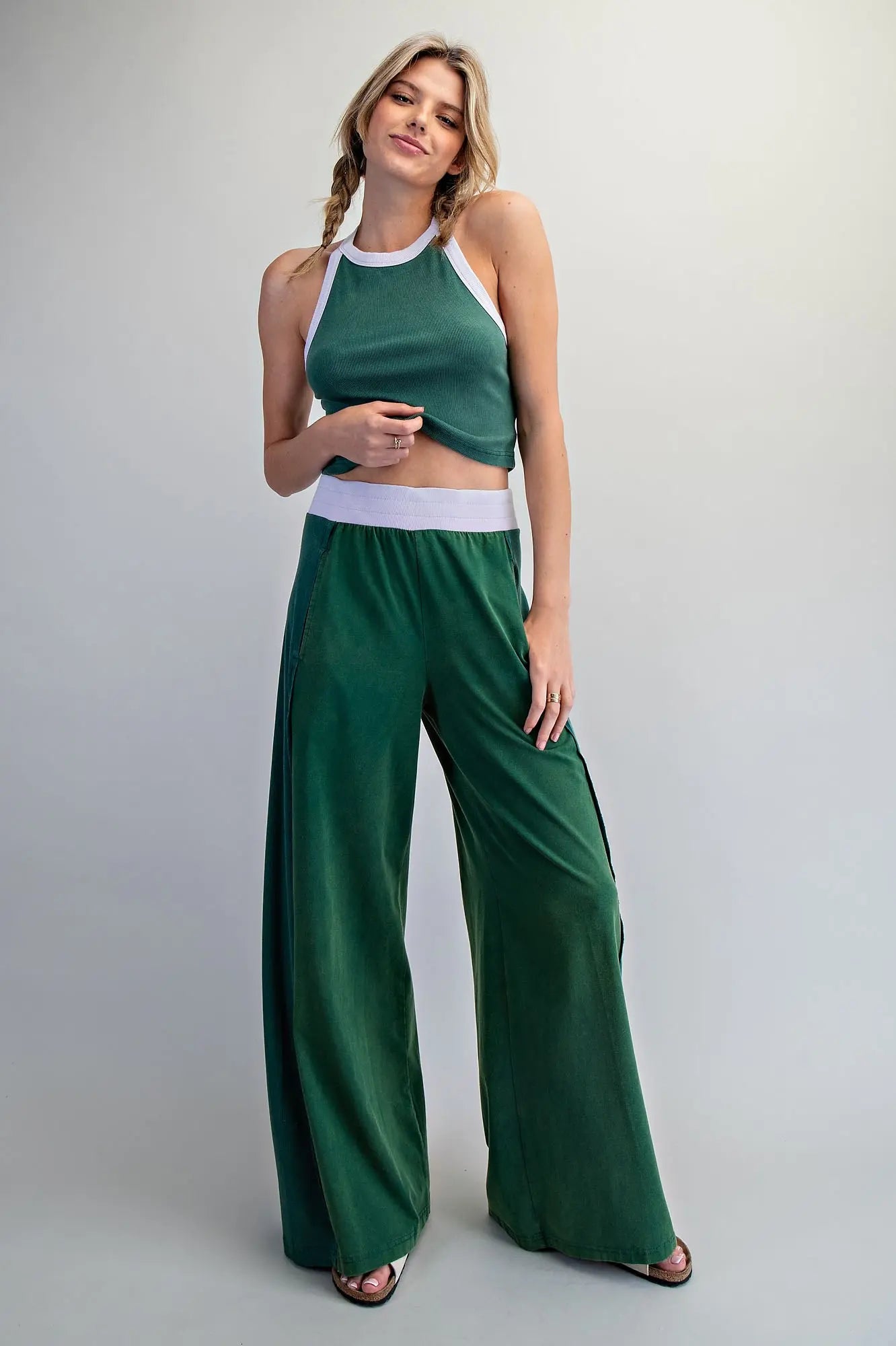 Contrast Waist Wide Leg Pants