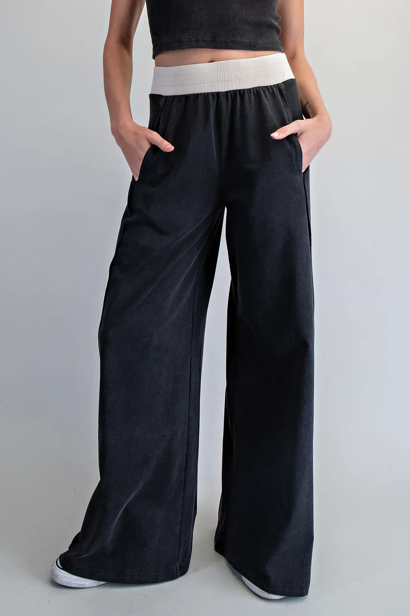 Contrast Waist Wide Leg Pants