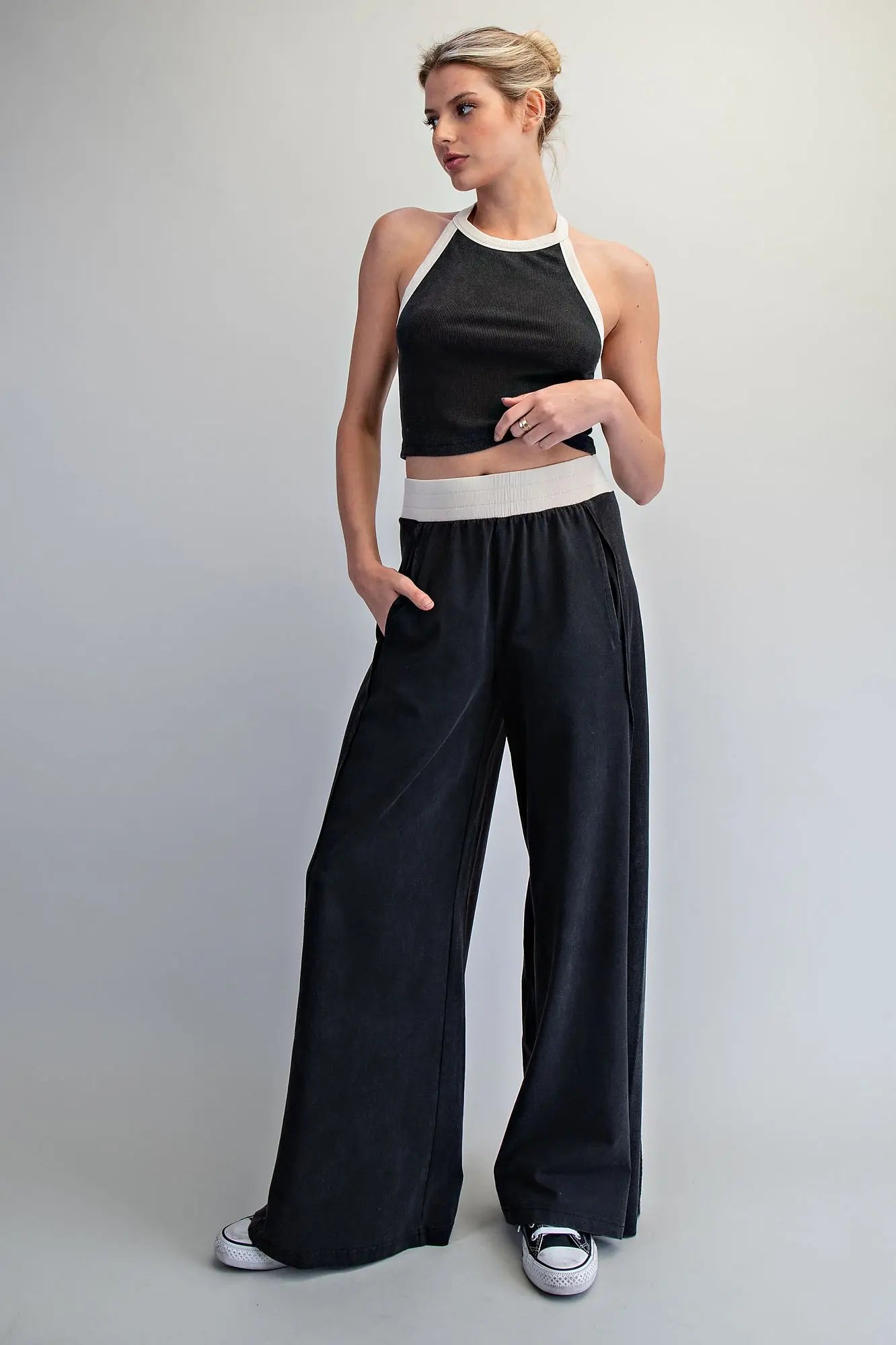 Contrast Waist Wide Leg Pants