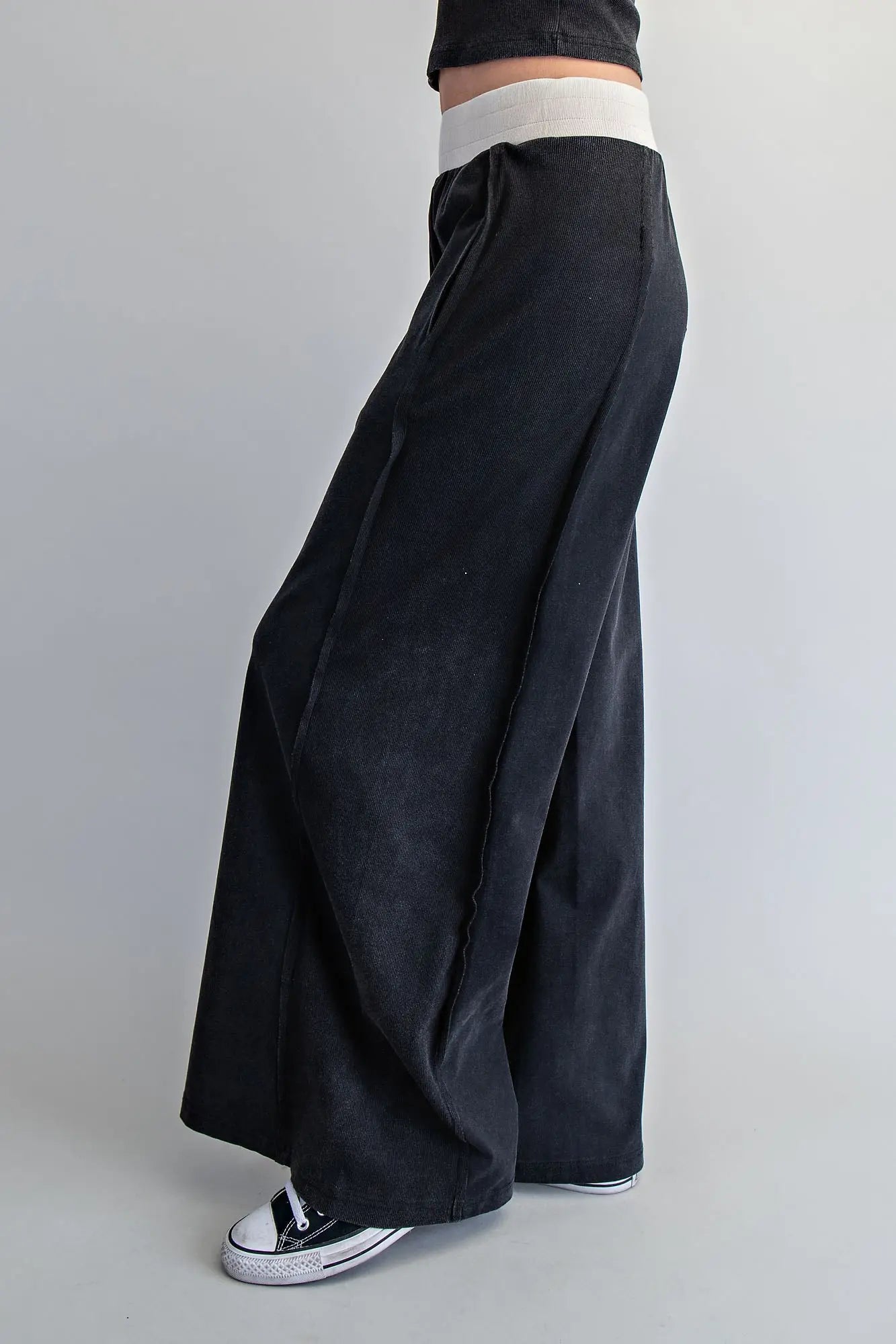Contrast Waist Wide Leg Pants