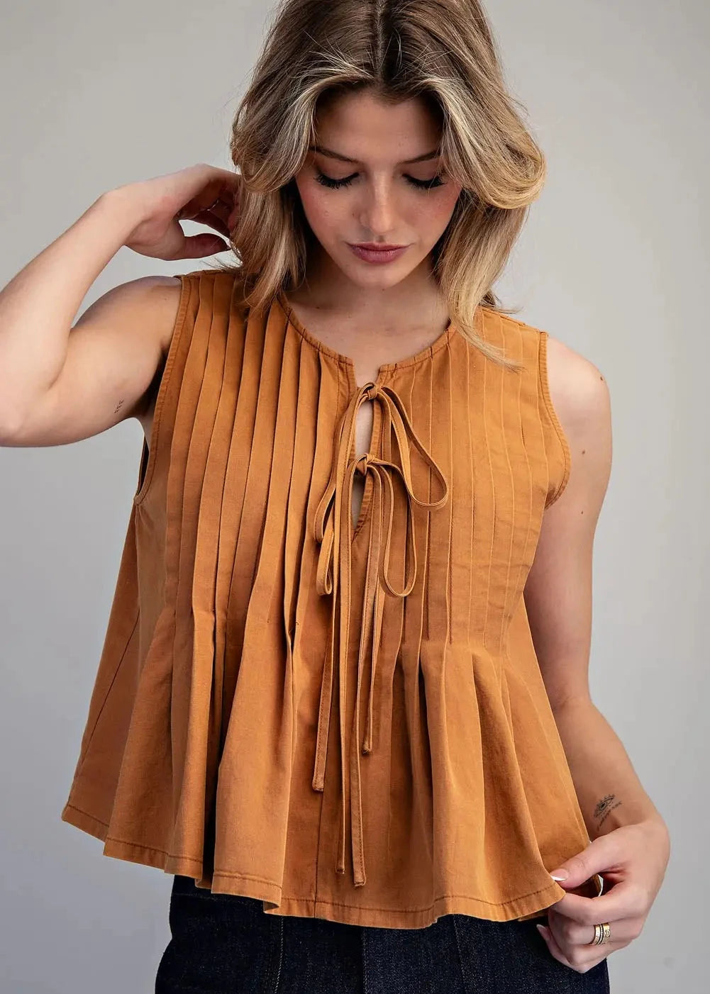 Pleated Tie Front Sleeveless Blouse