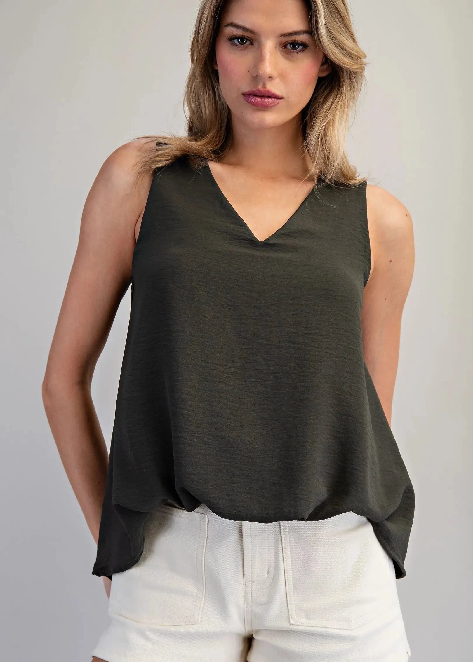 V-Neck Sleeveless Bubble Blouse