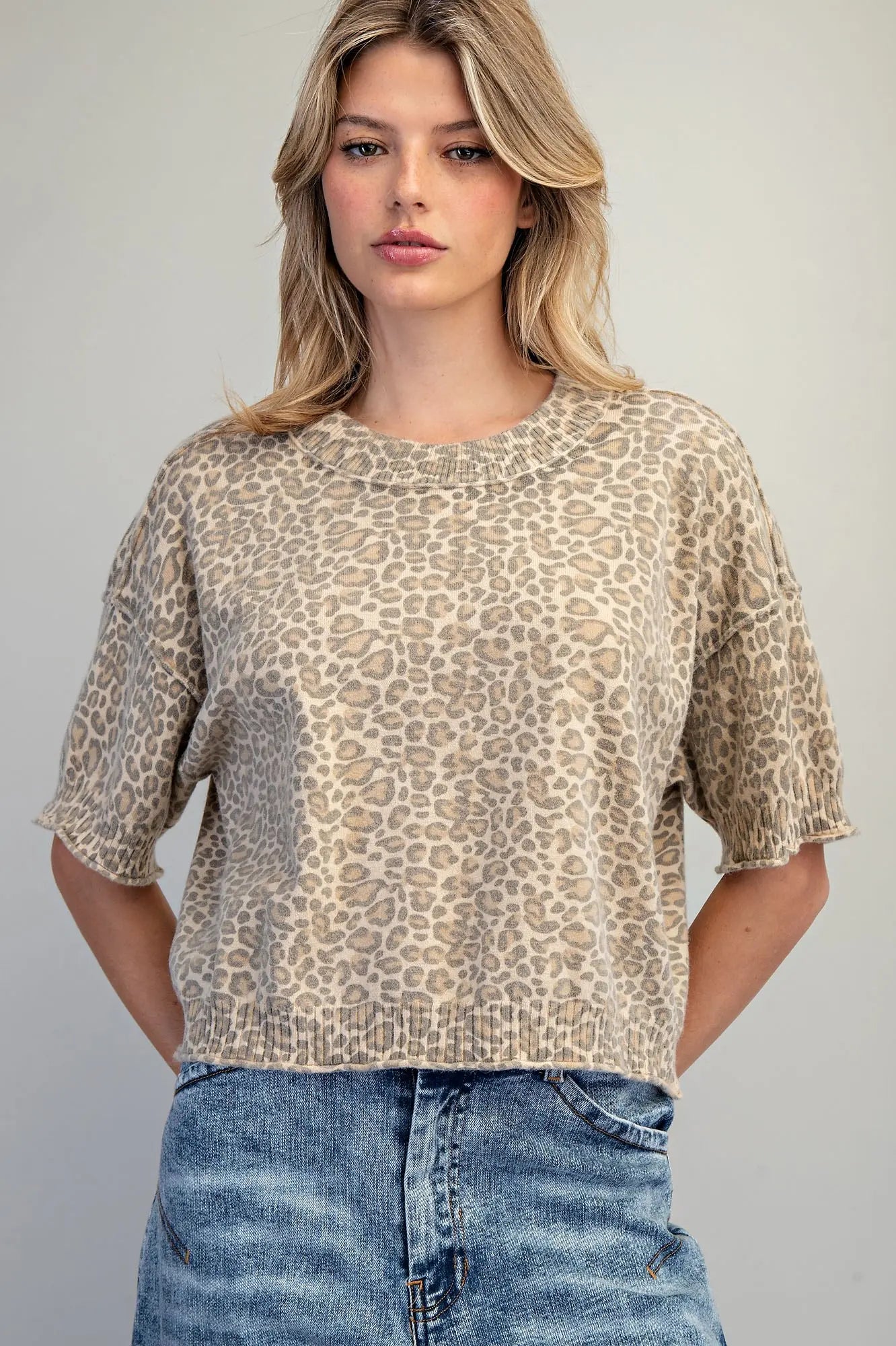 Cropped Leopard Print Knit Top