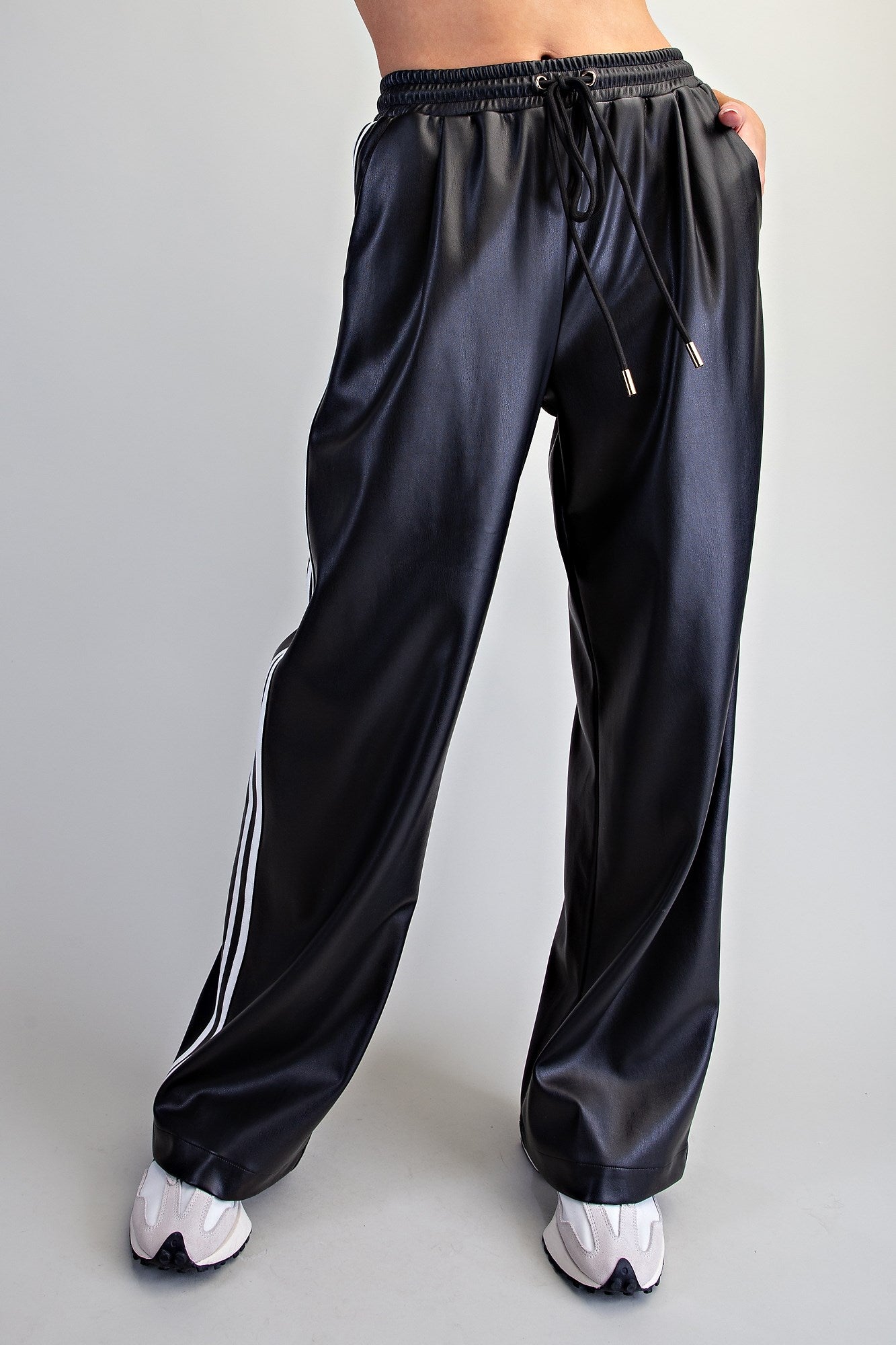 Side Striped Faux Leather Wide Leg Pants