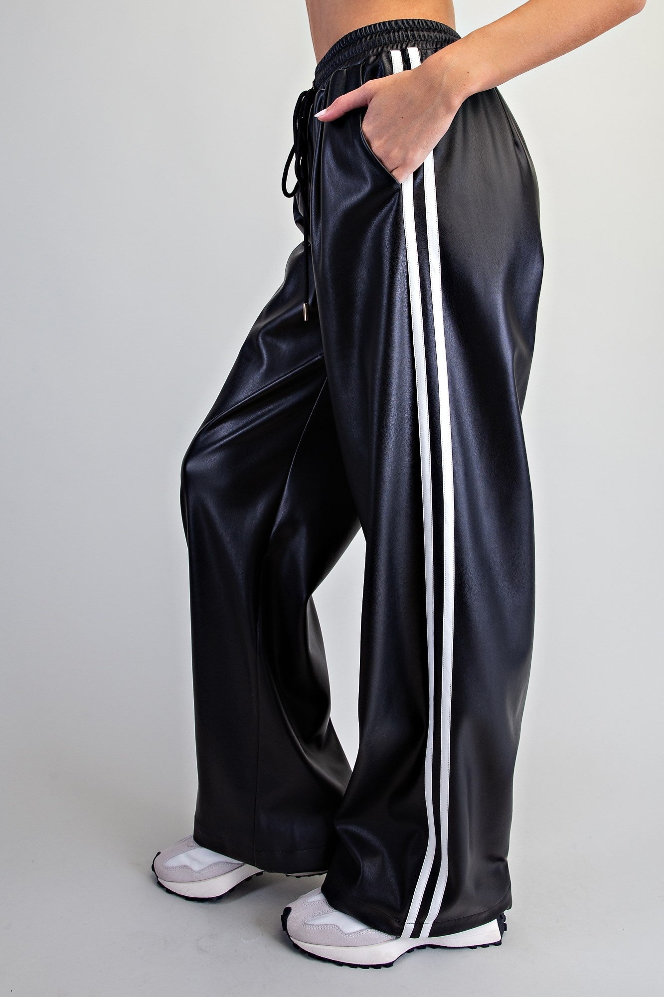 Side Striped Faux Leather Wide Leg Pants