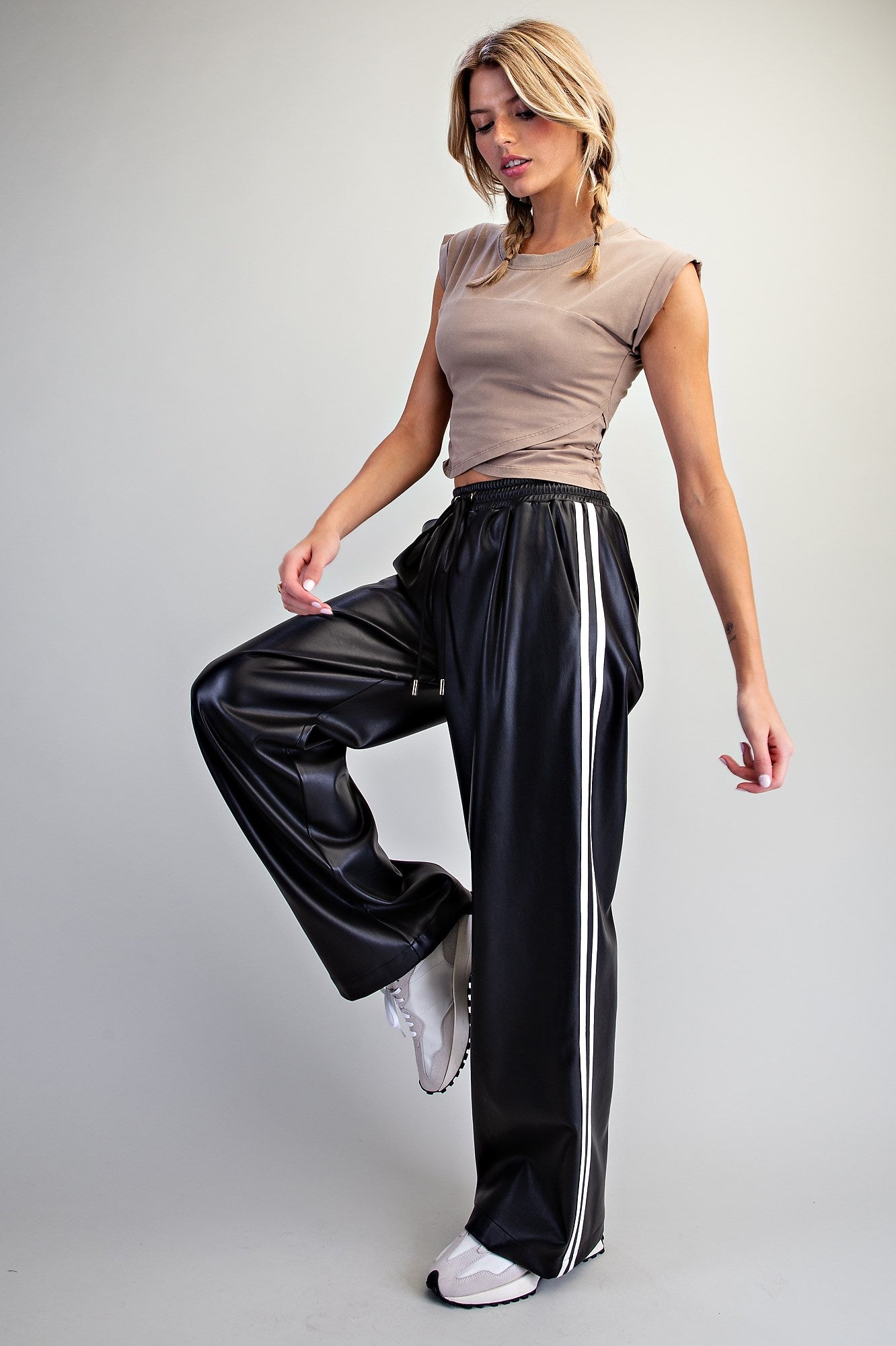 Side Striped Faux Leather Wide Leg Pants