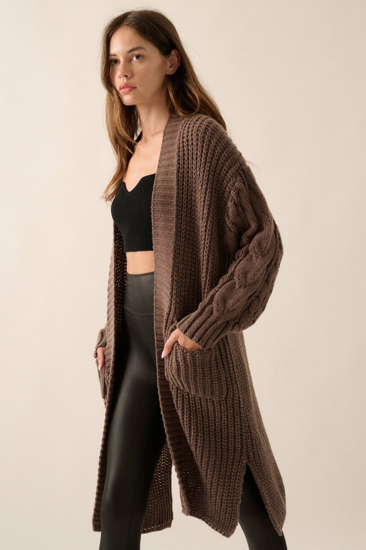 Solid Rib Knit Open Front Cable Knit Cardigan