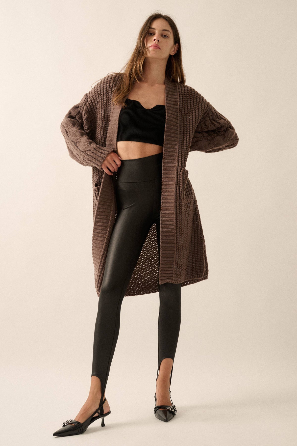 Solid Rib Knit Open Front Cable Knit Cardigan