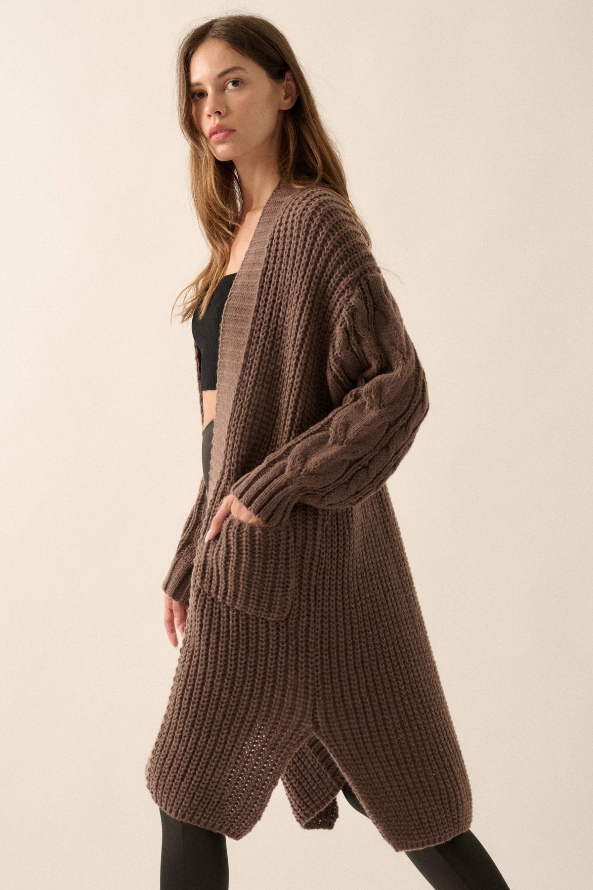 Solid Rib Knit Open Front Cable Knit Cardigan