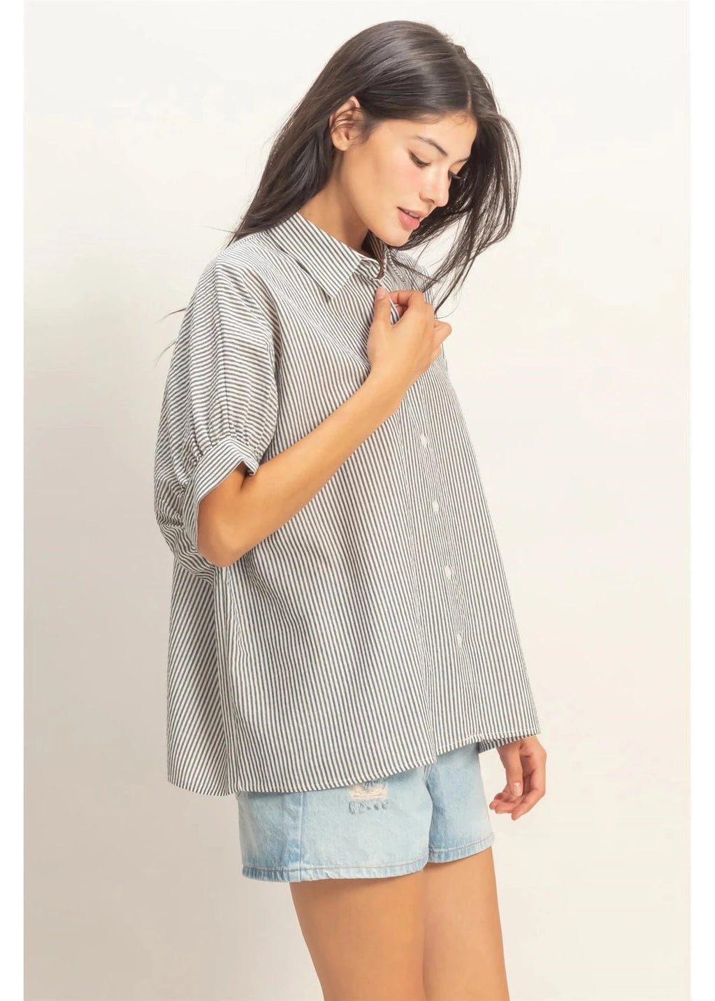 Striped Short Sleeve Button-Front Blouse