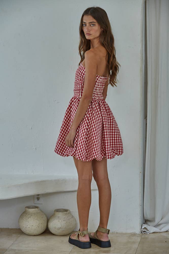 Woven Gingham Print Smocking Tube Mini