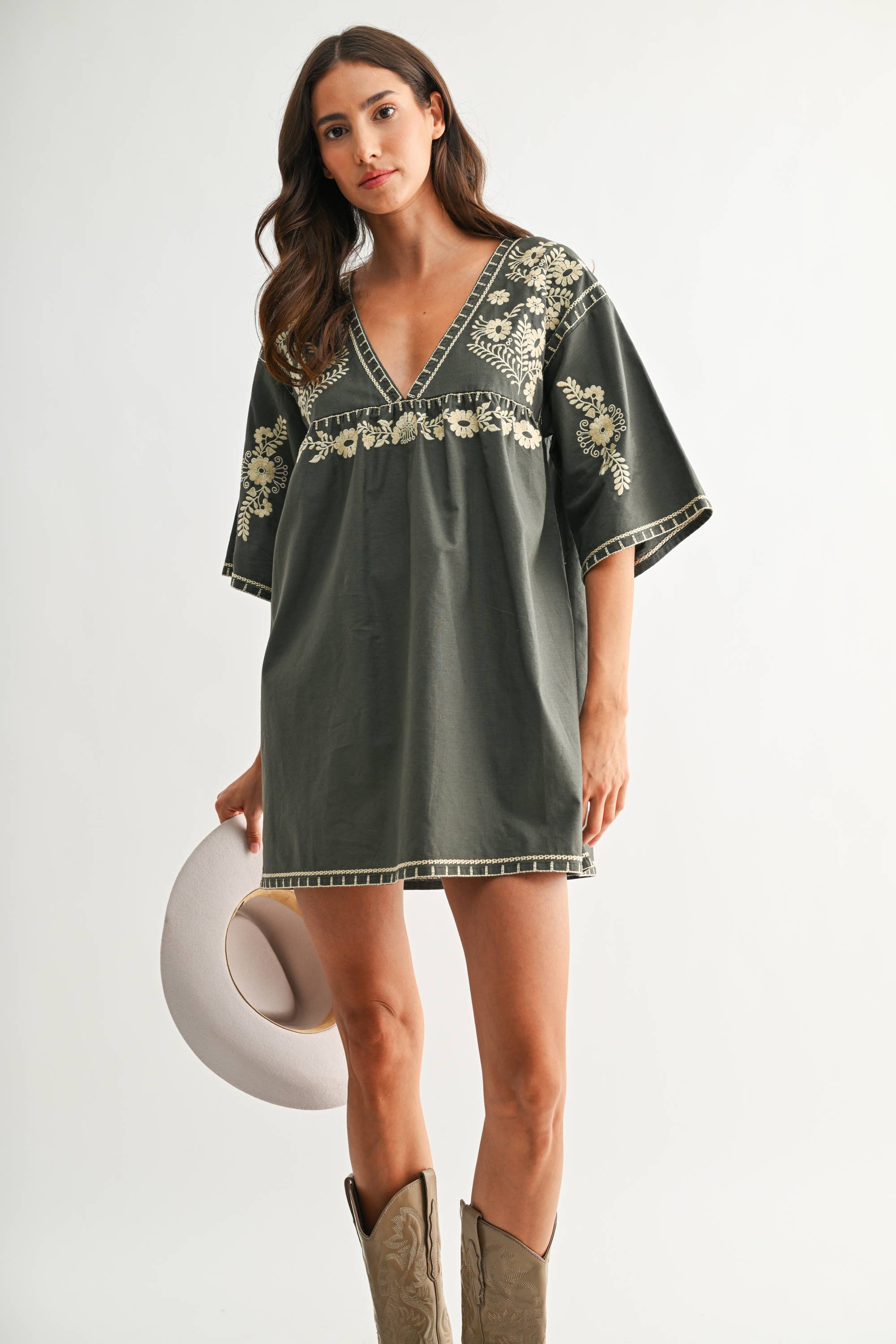 CED26811 Embroidered Shift Dress with Deep V-Neckline