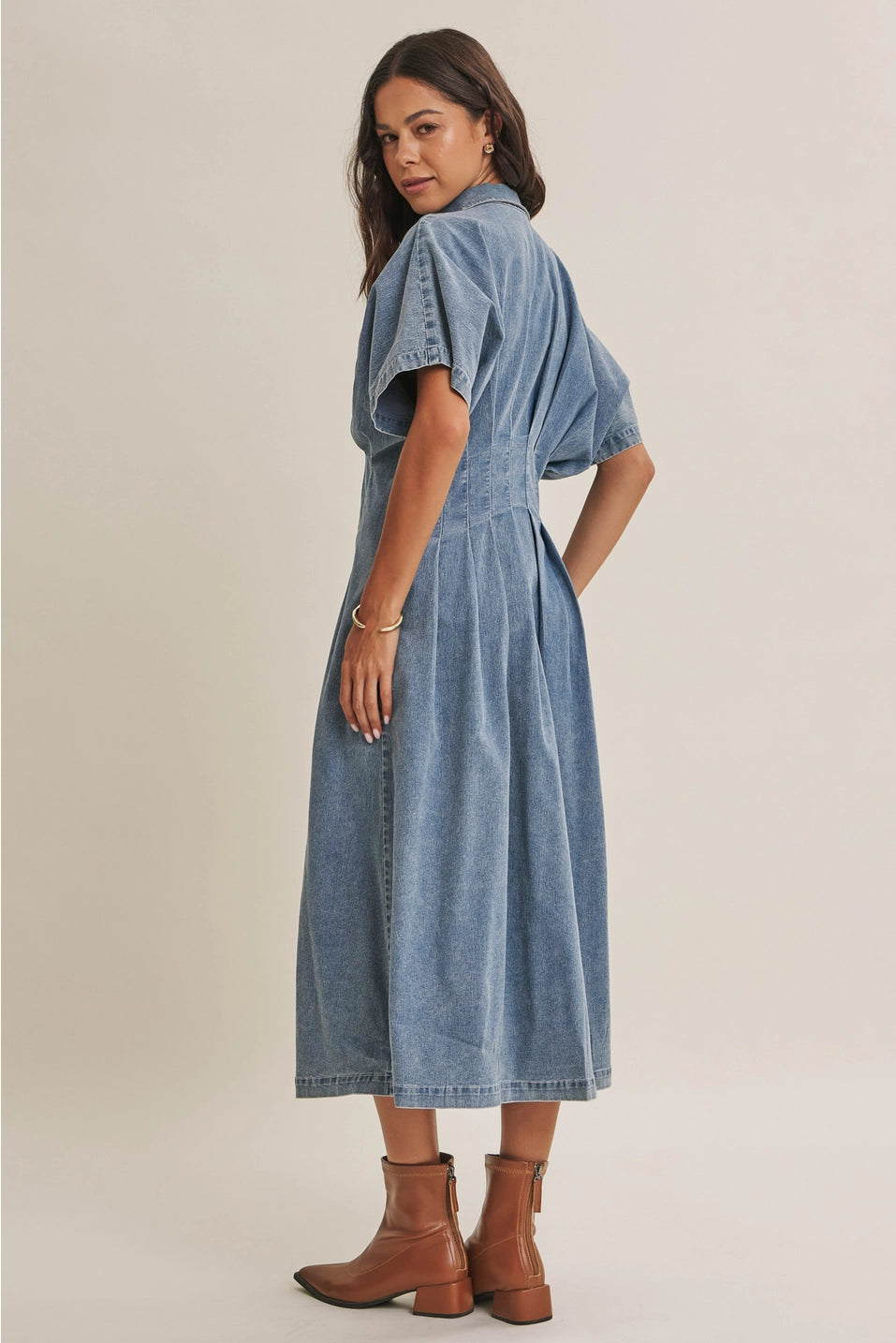 Stretchy Button Down Denim Midi Dress