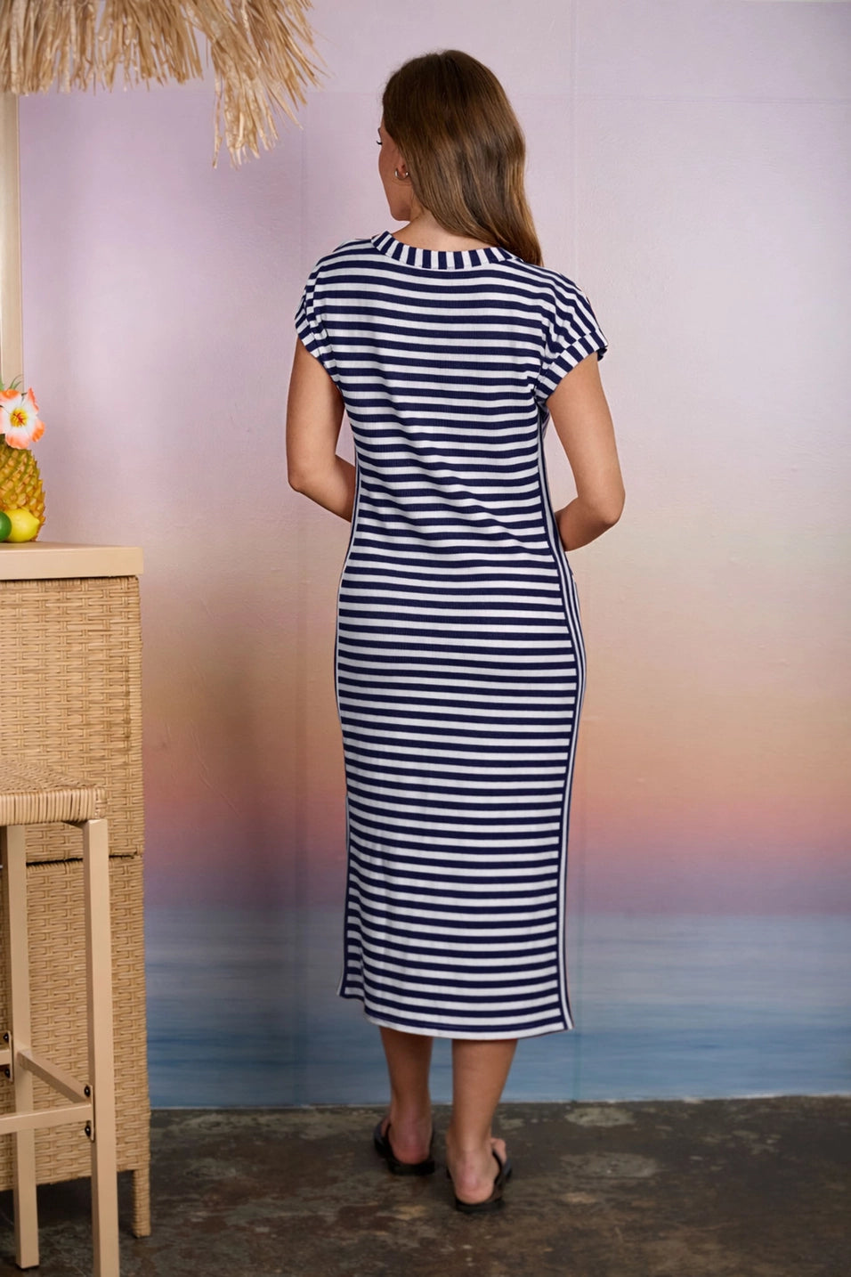 Stripe Henley S/S Midi Dress